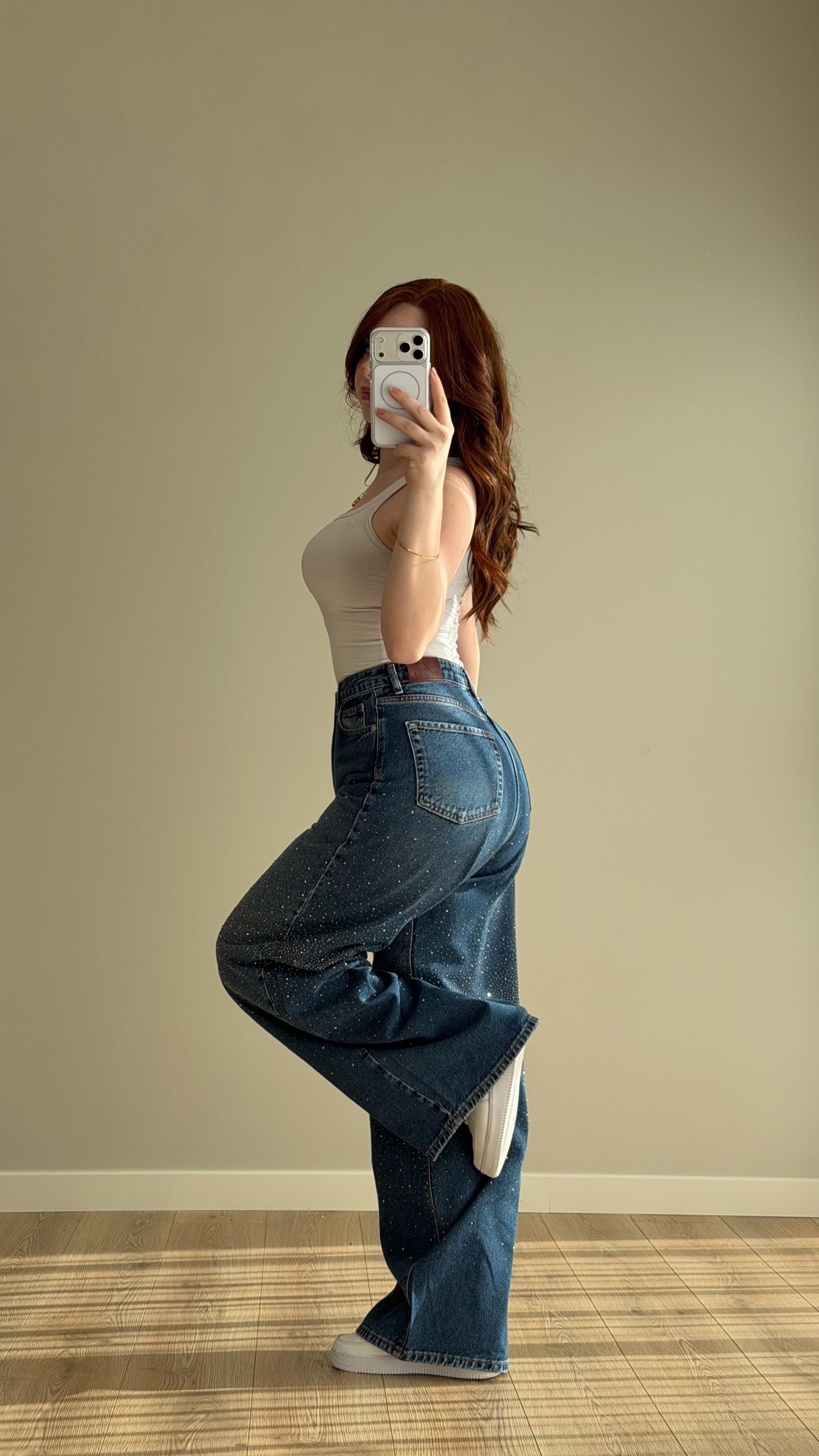 Baggy Ön Arka Taşlı Pantolon Mavi