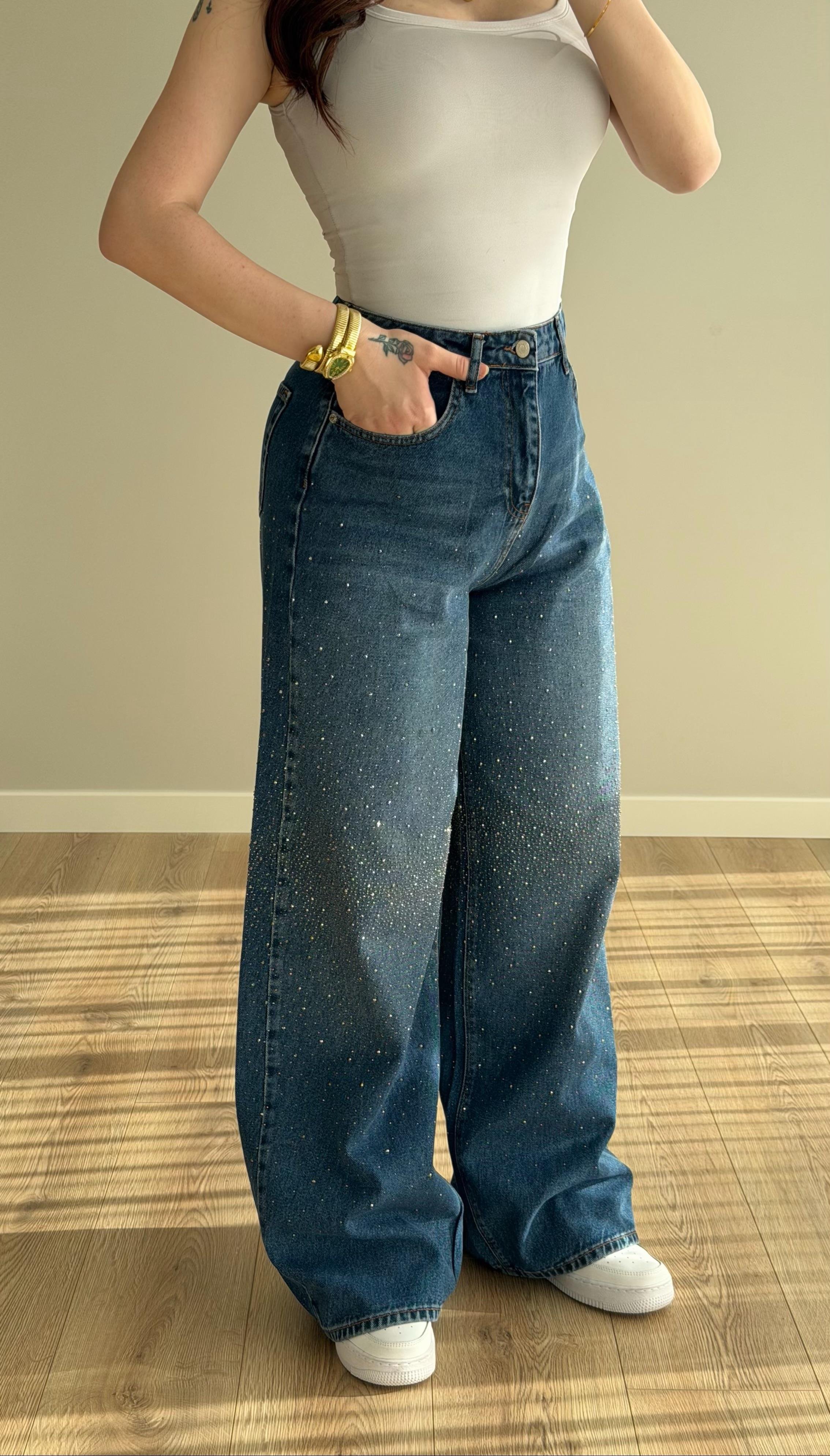 Baggy Ön Arka Taşlı Pantolon Mavi