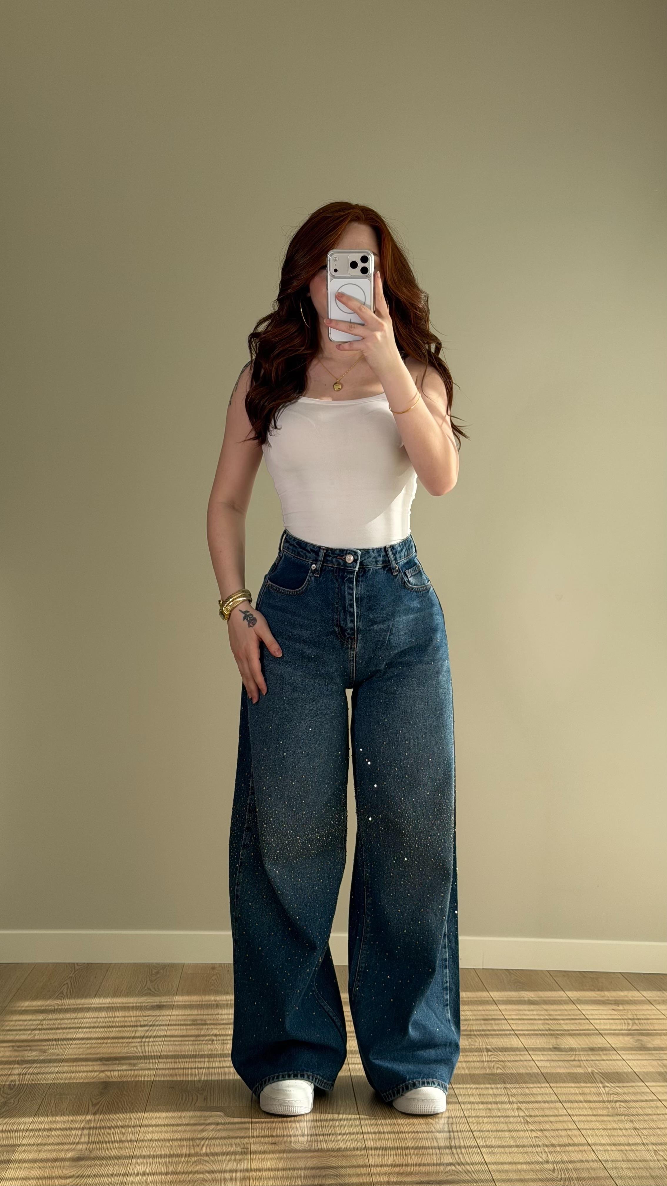 Baggy Ön Arka Taşlı Pantolon Mavi