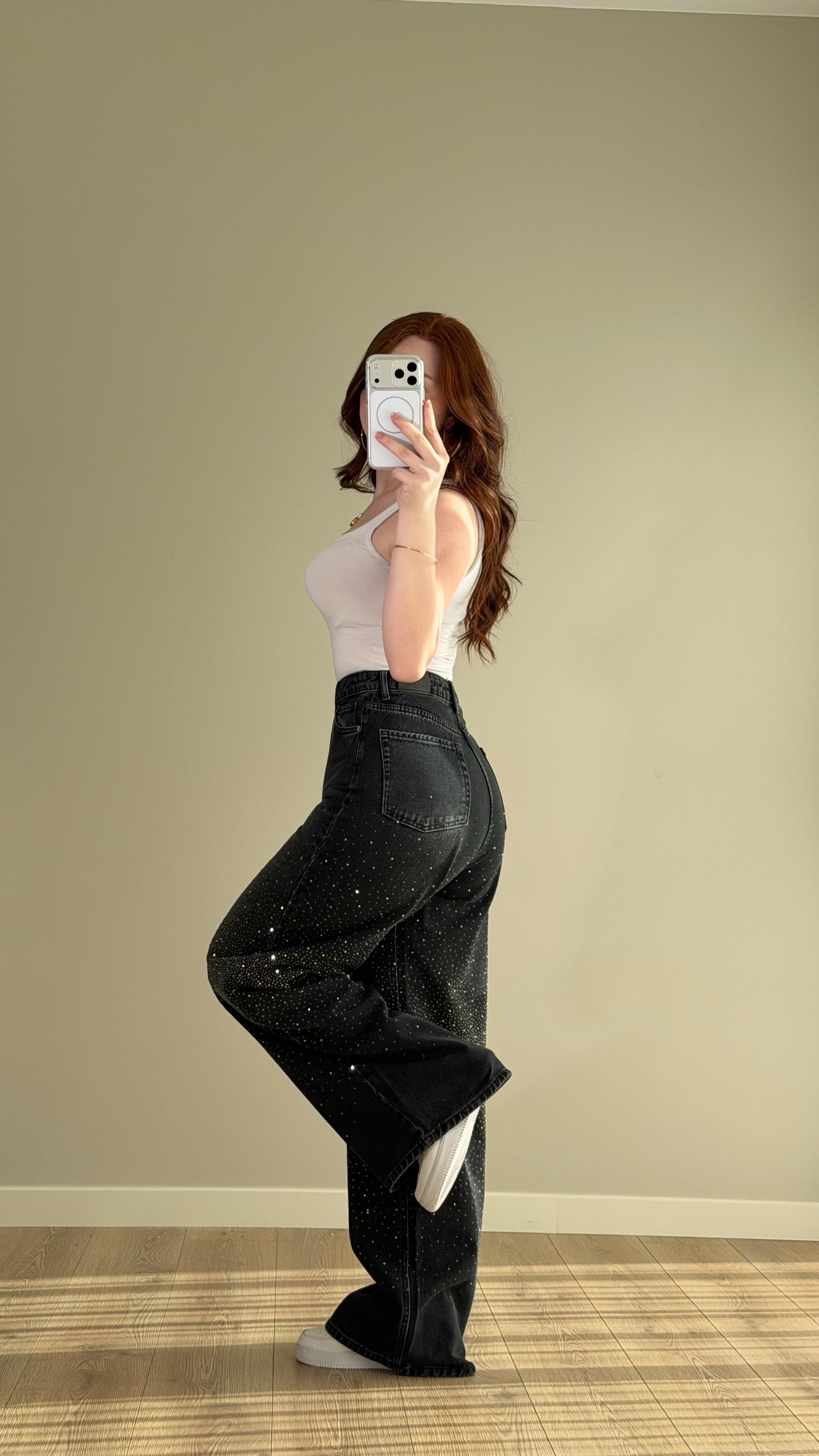 Baggy Ön Arka Taşlı Pantolon Siyah