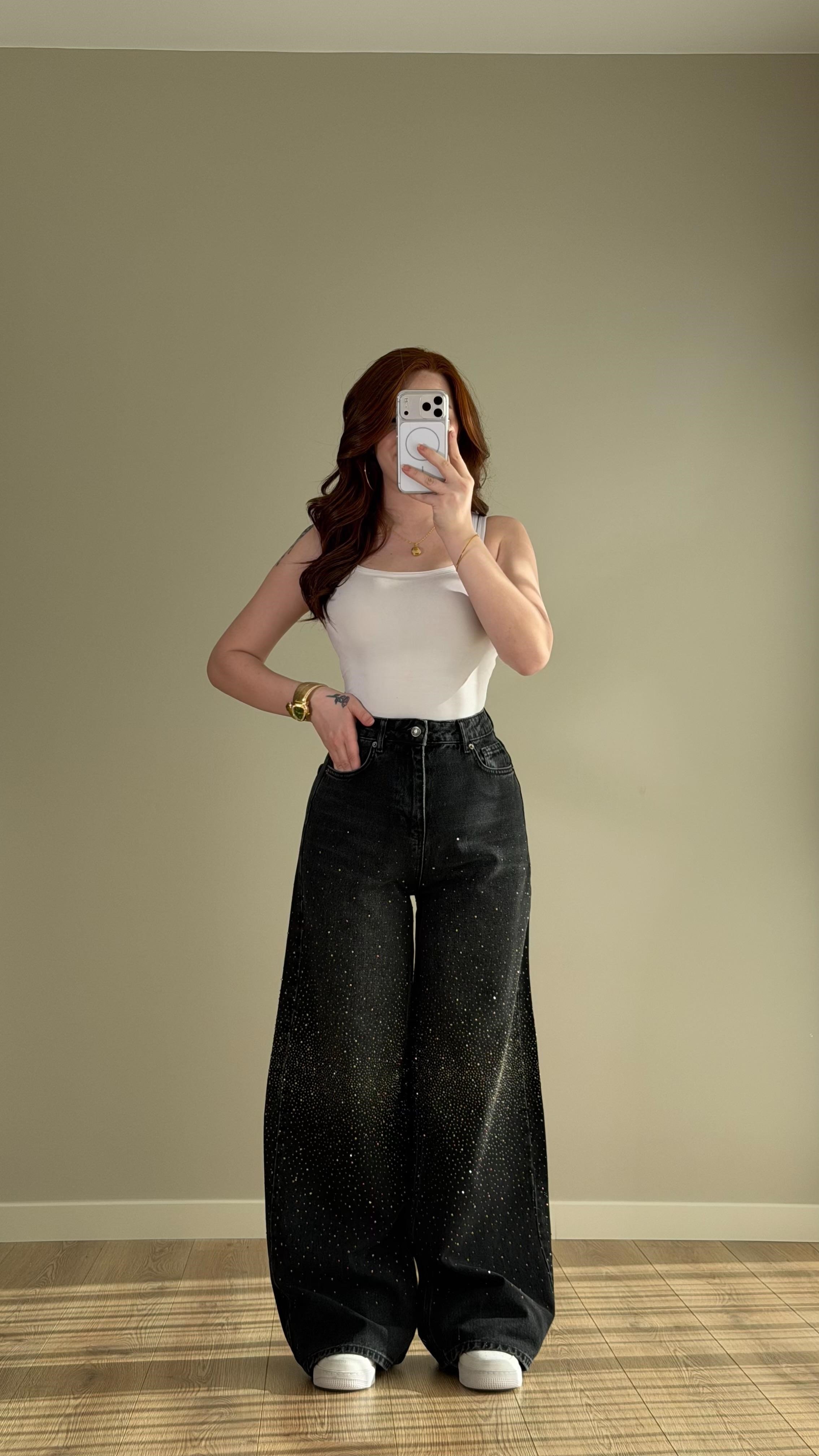 Baggy Ön Arka Taşlı Pantolon Siyah