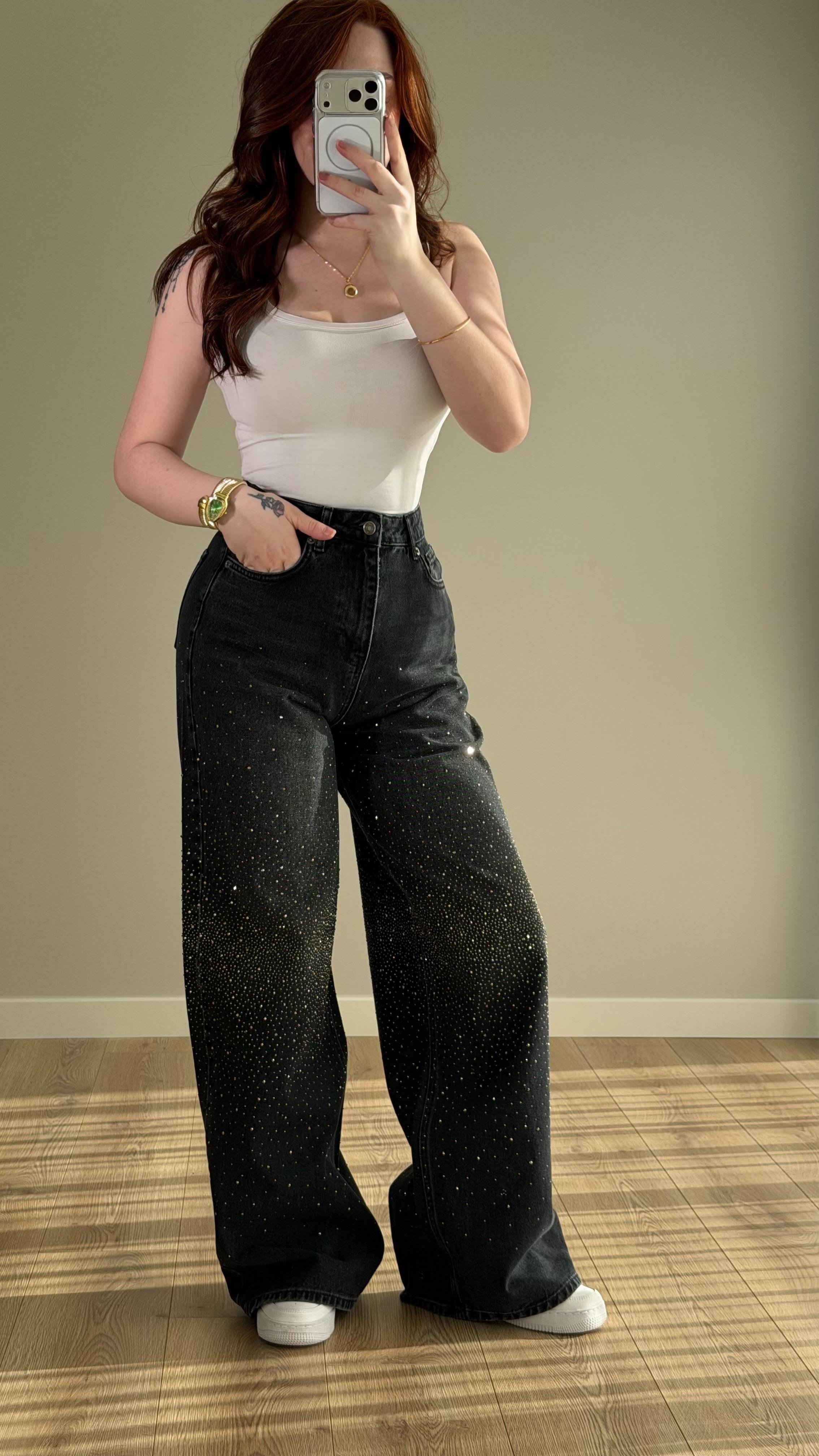 Baggy Ön Arka Taşlı Pantolon Siyah