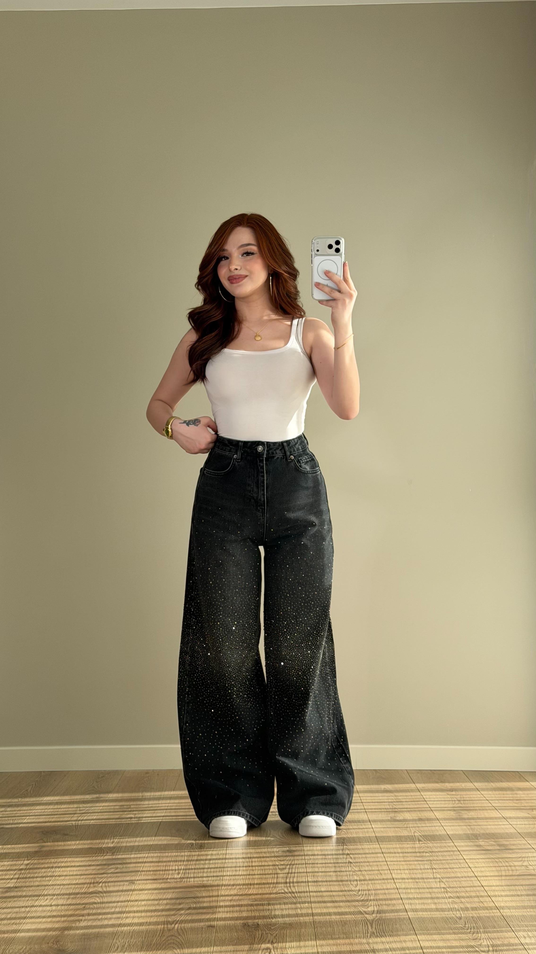 Baggy Ön Arka Taşlı Pantolon Siyah