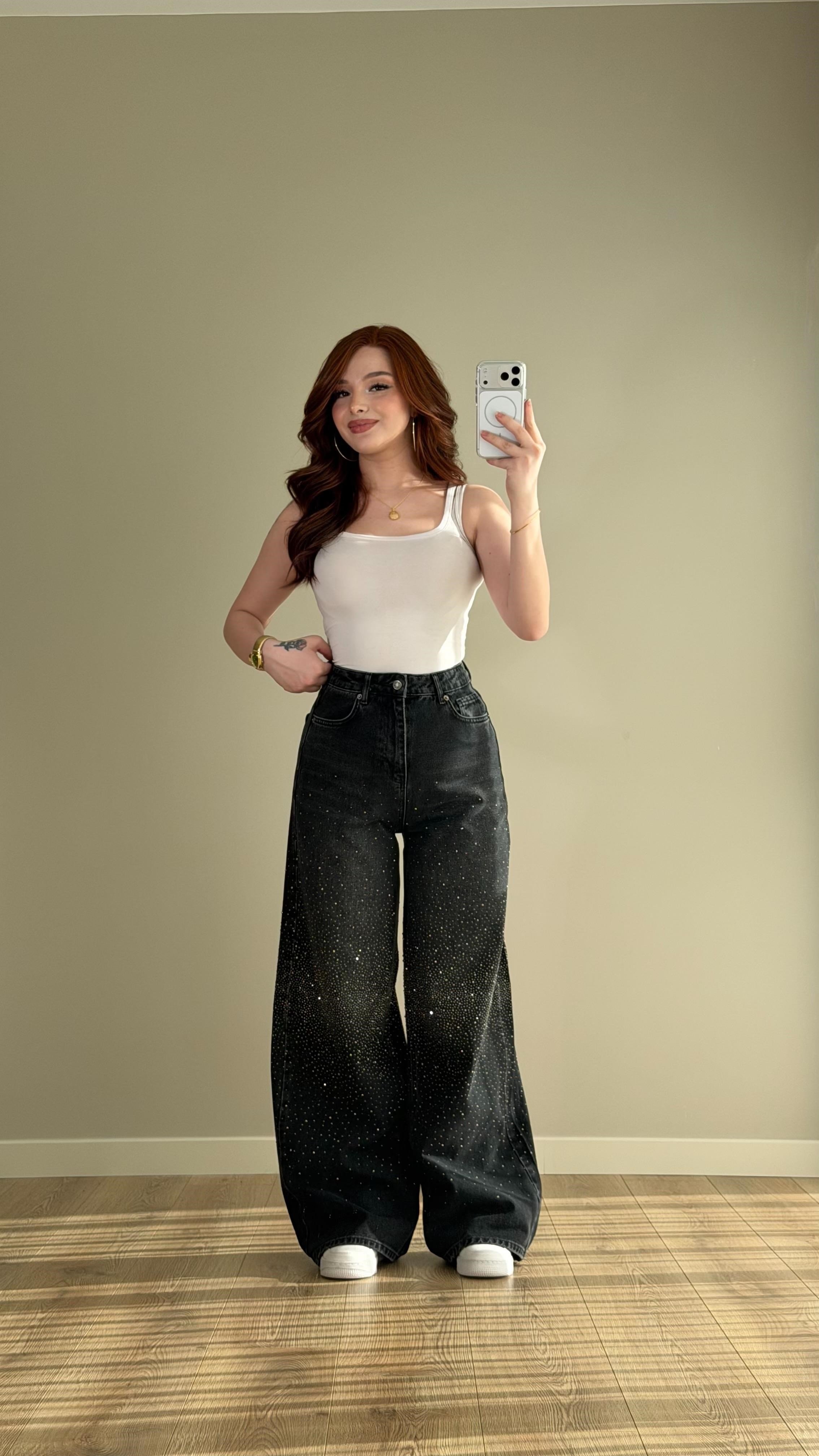 Baggy Ön Arka Taşlı Pantolon Siyah