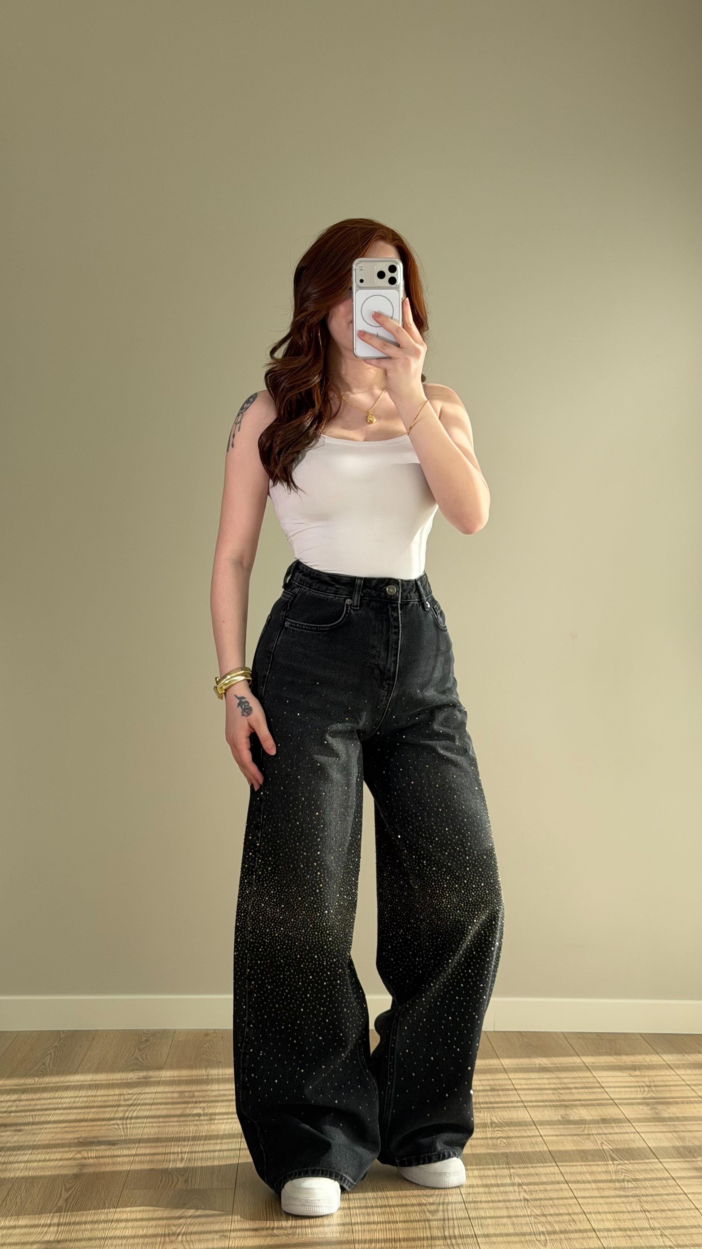 Baggy Ön Arka Taşlı Pantolon Siyah
