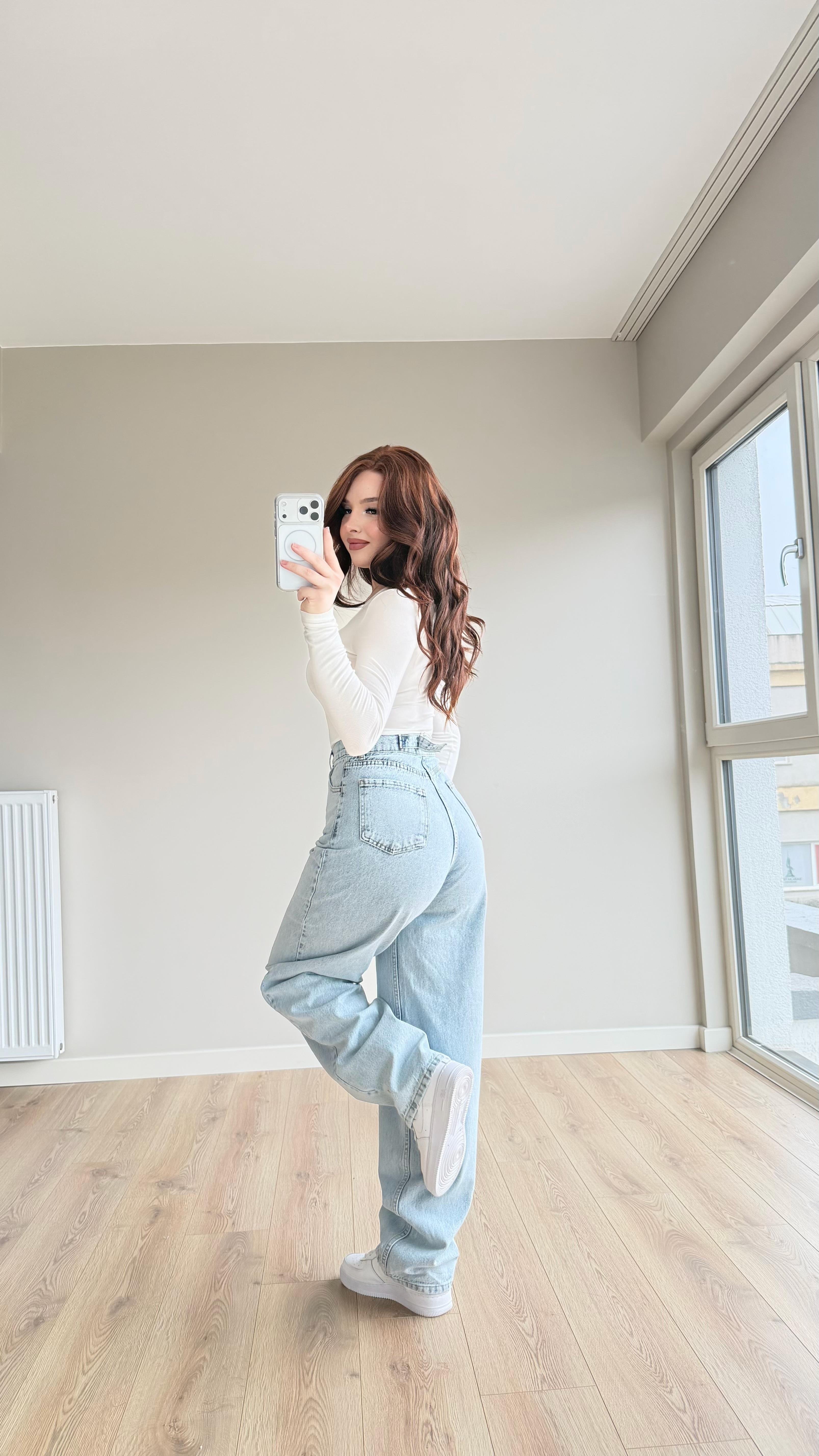 Baggy Viral Bel Tokalı Jean Buz Mavisi
