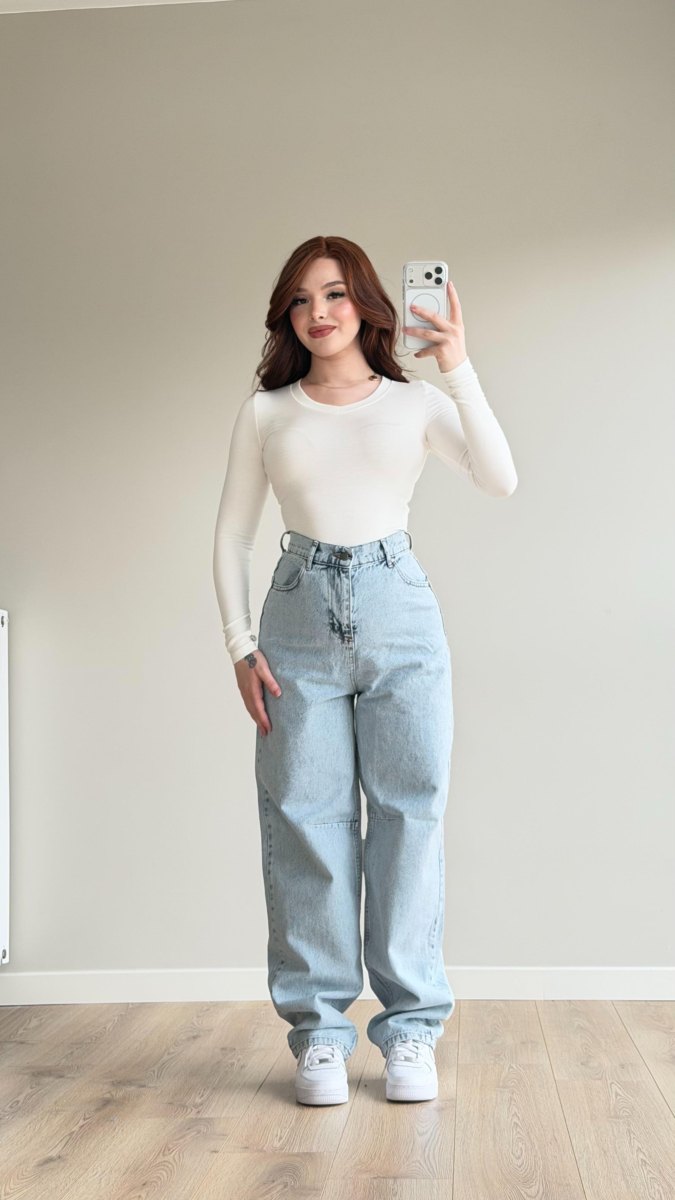 Baggy Viral Bel Tokalı Jean Buz Mavisi