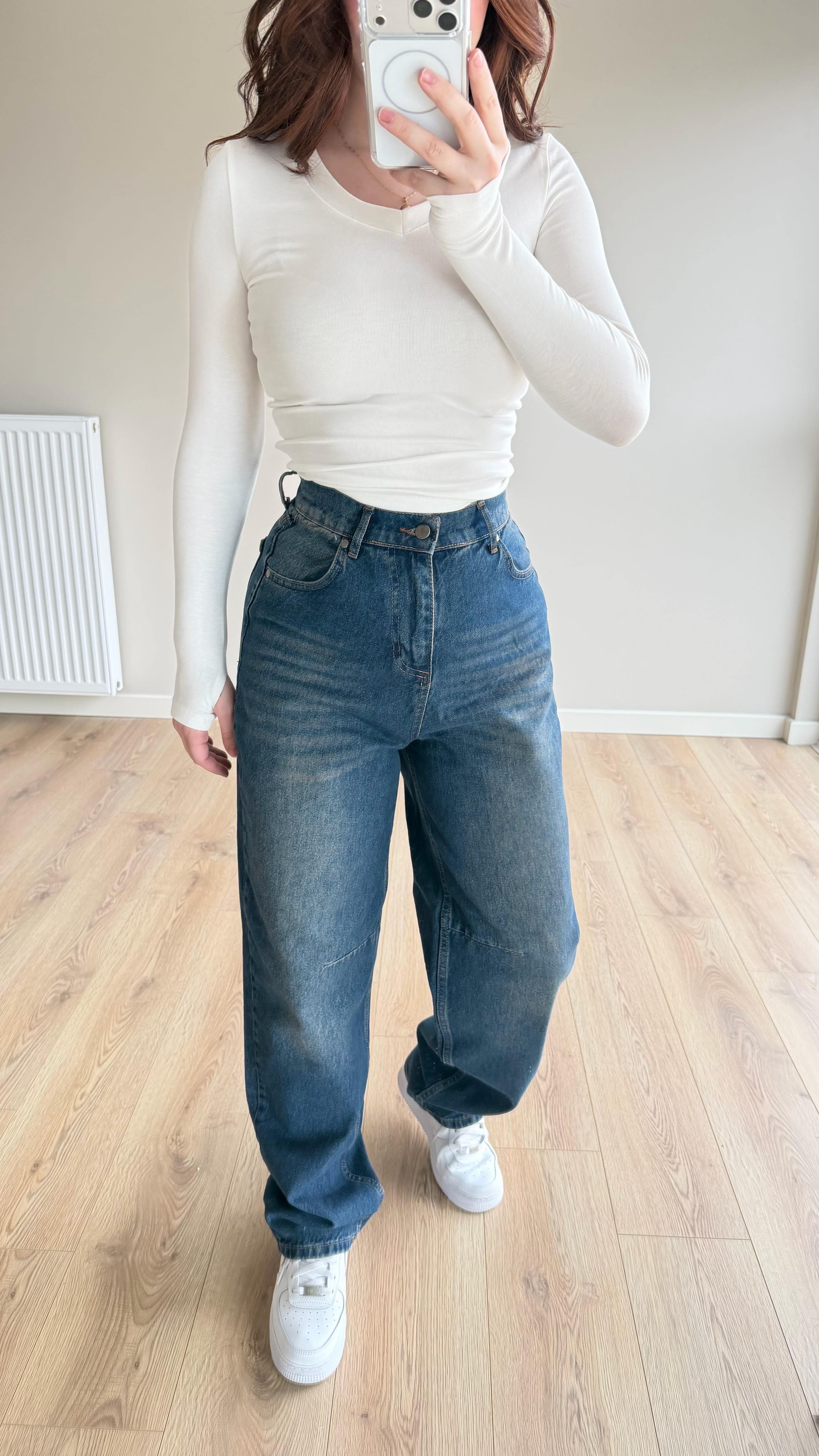 Baggy Viral Bel Tokalı Jean Lacivert