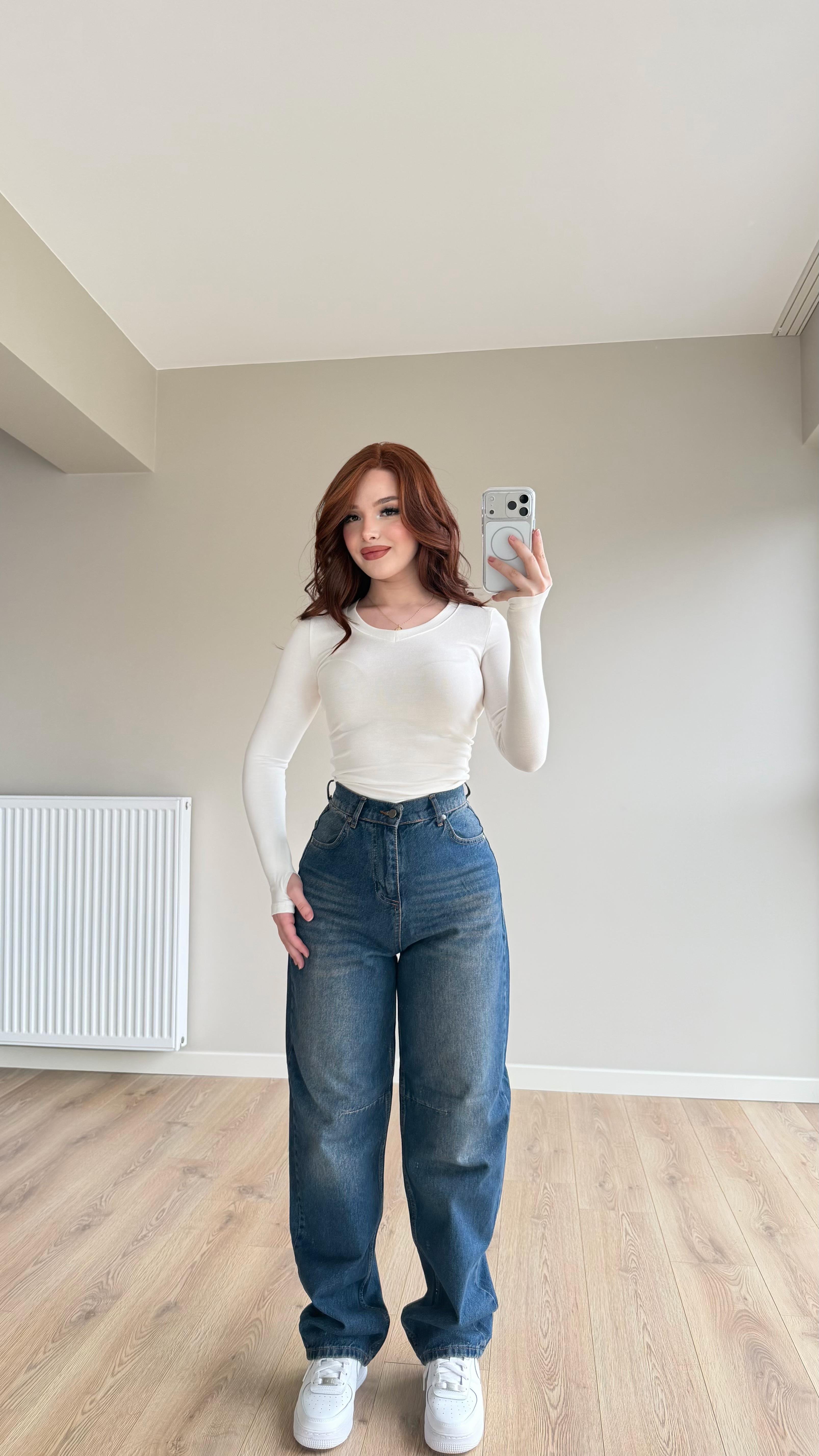 Baggy Viral Bel Tokalı Jean Lacivert