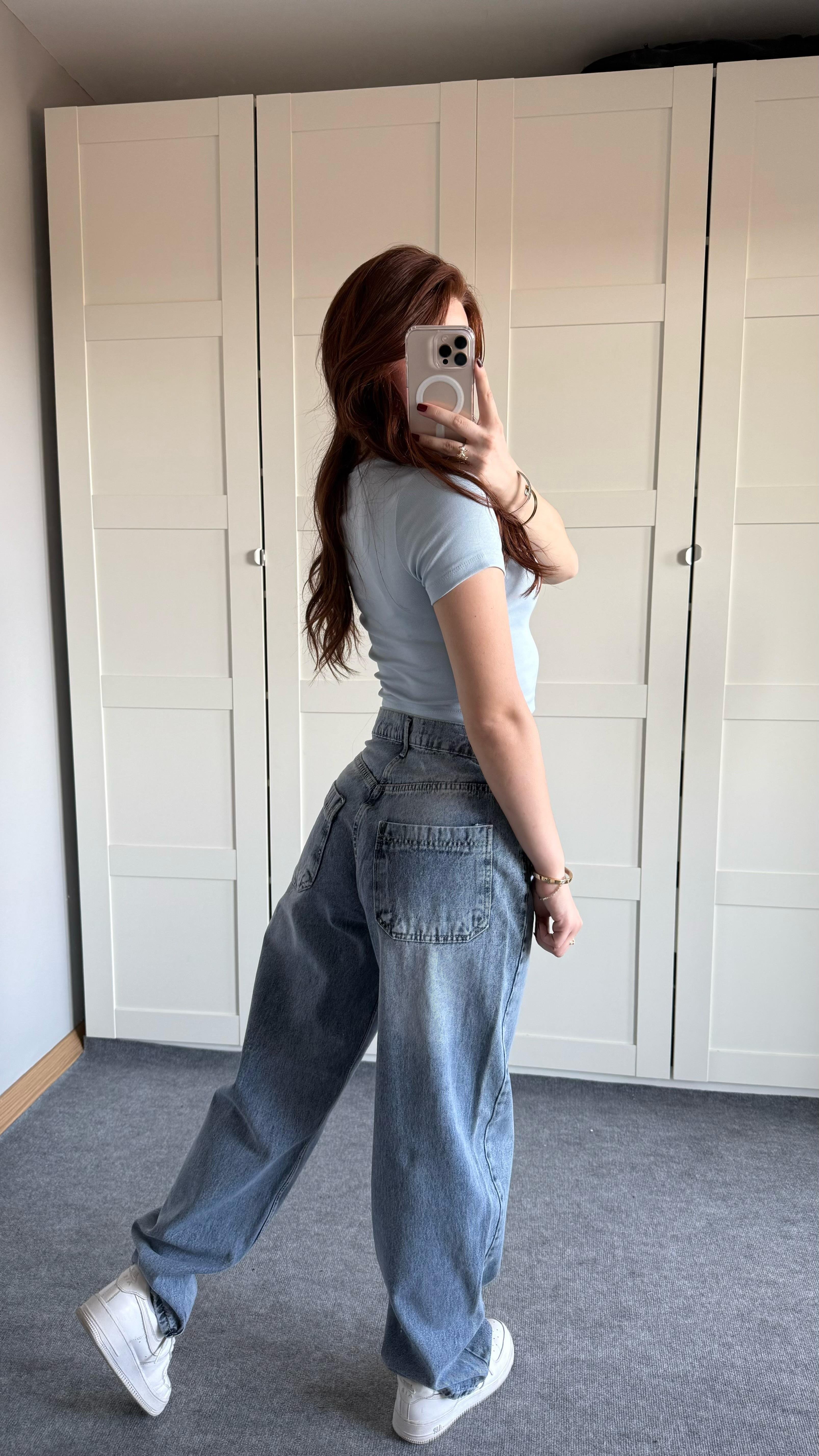 Baggy Viral Jeans Çift Kemer Açık Mavi