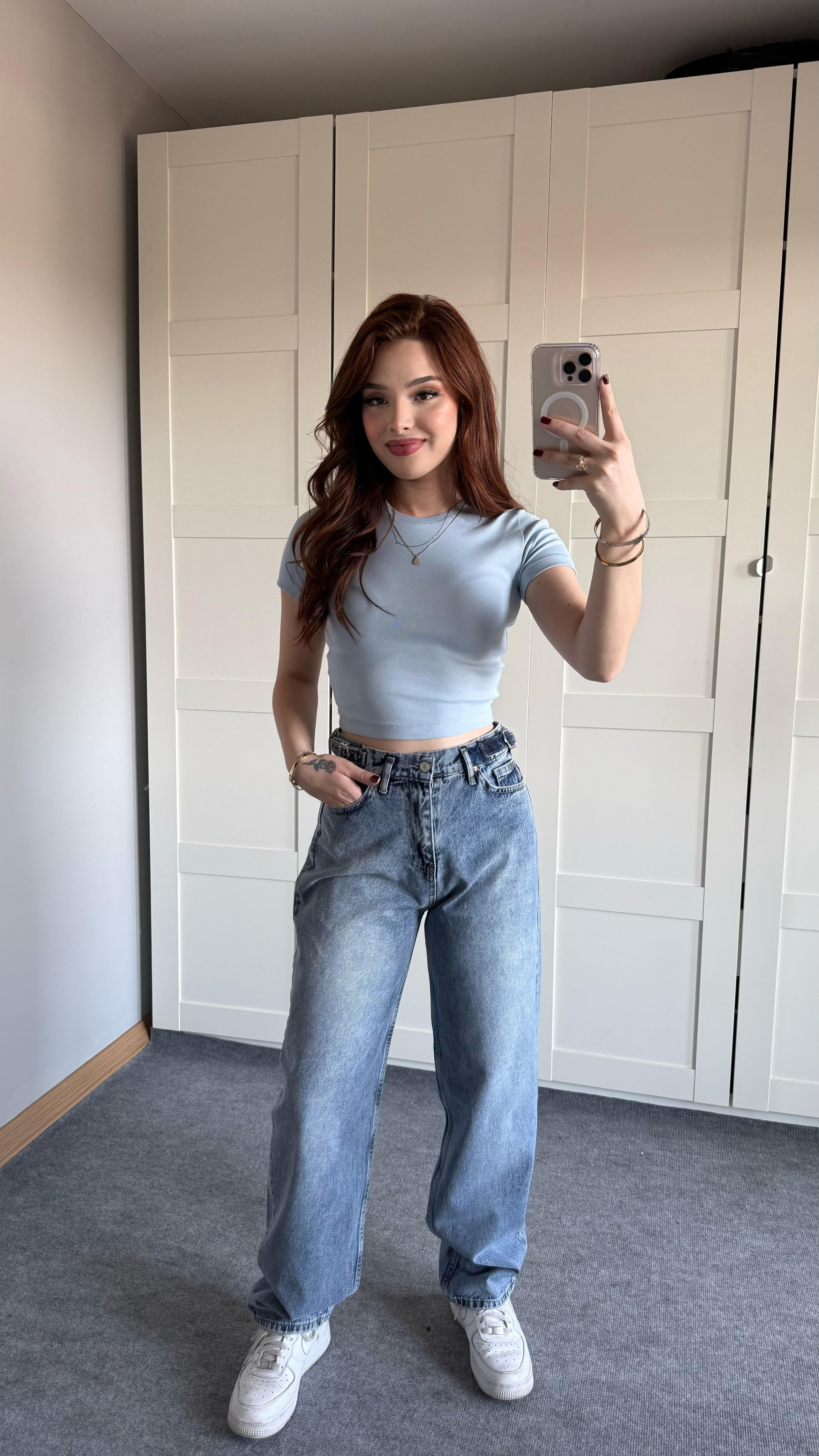 Baggy Viral Jeans Çift Kemer Açık Mavi