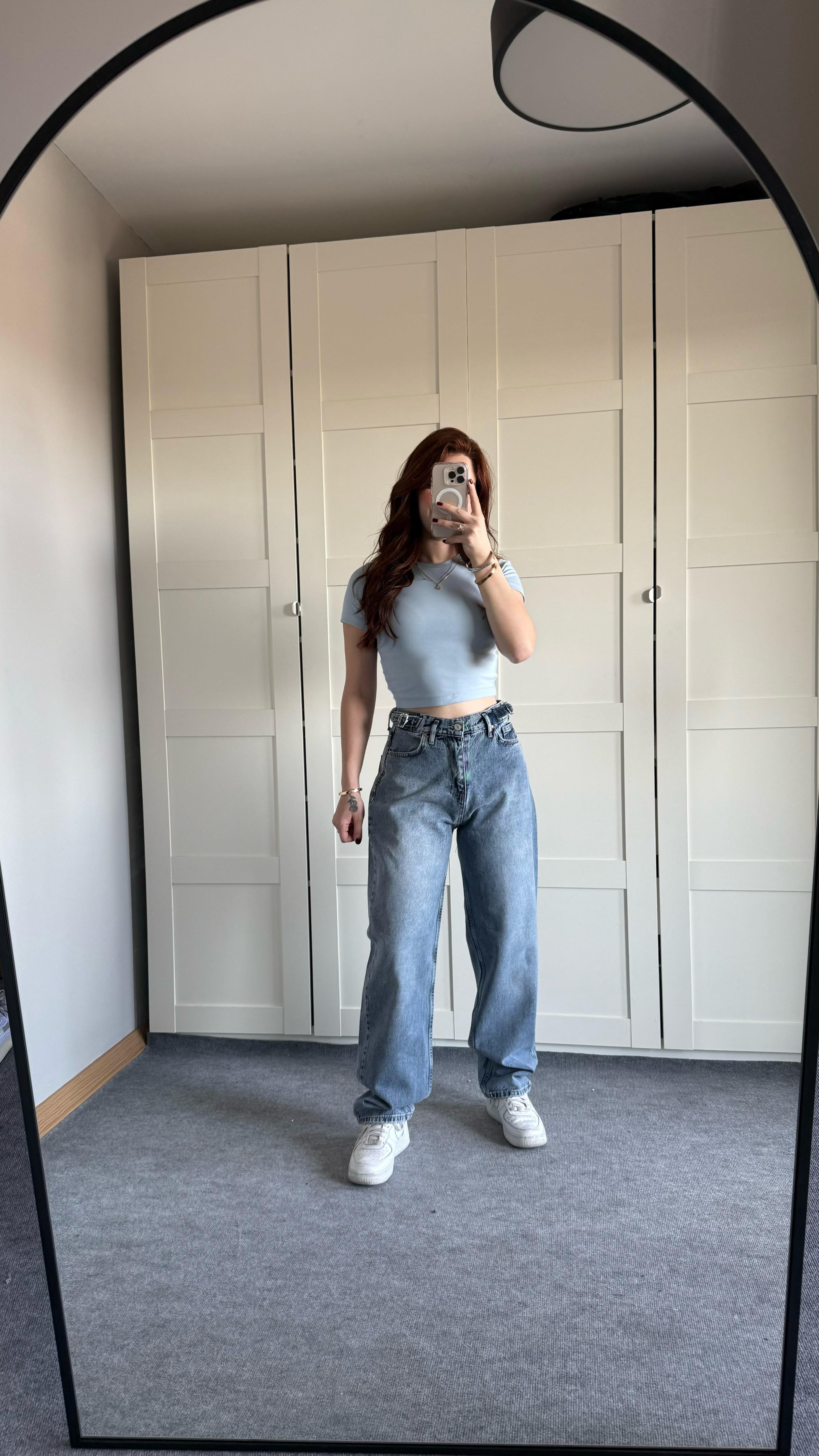 Baggy Viral Jeans Çift Kemer Açık Mavi