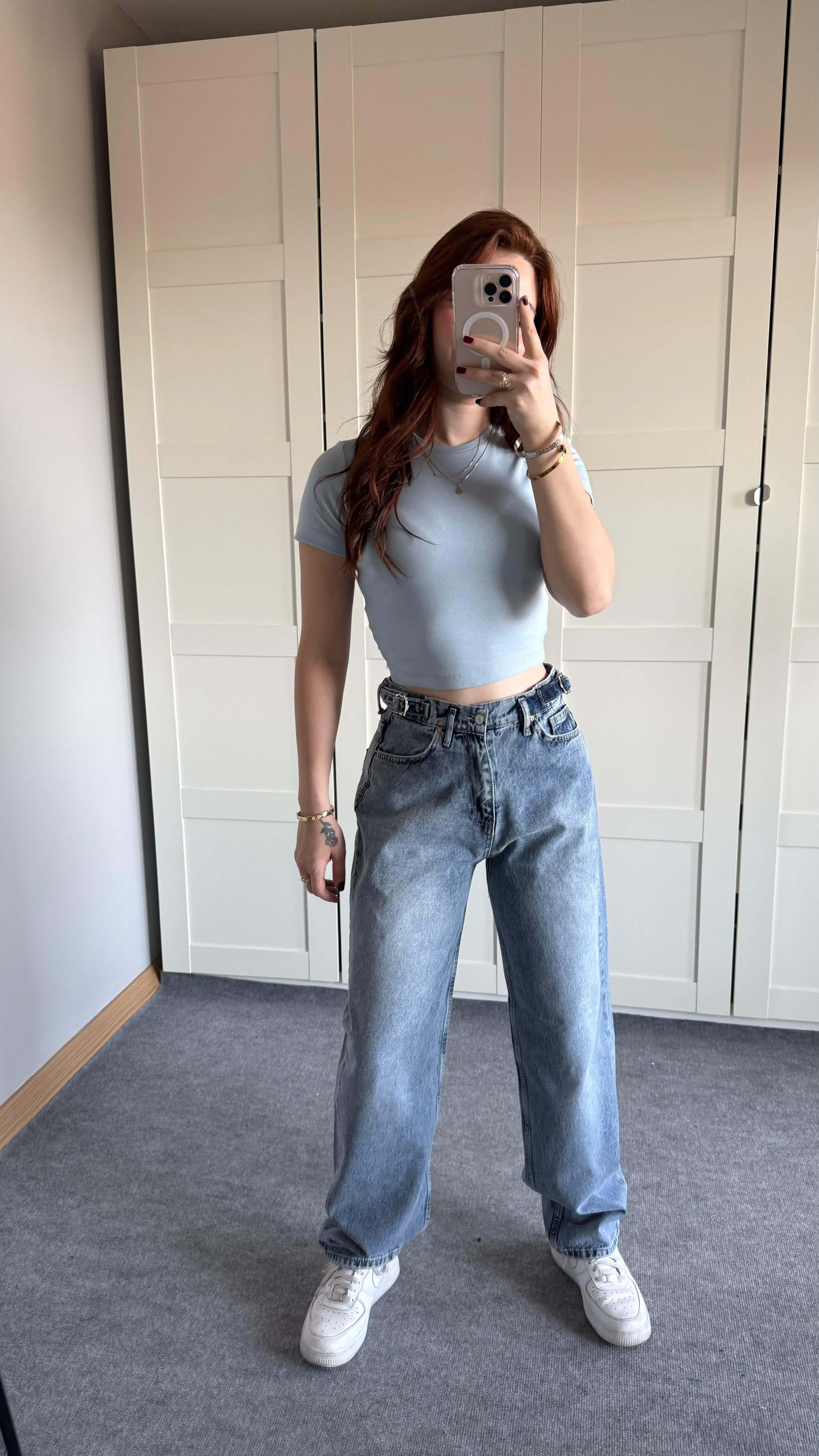 Baggy Viral Jeans Çift Kemer Açık Mavi