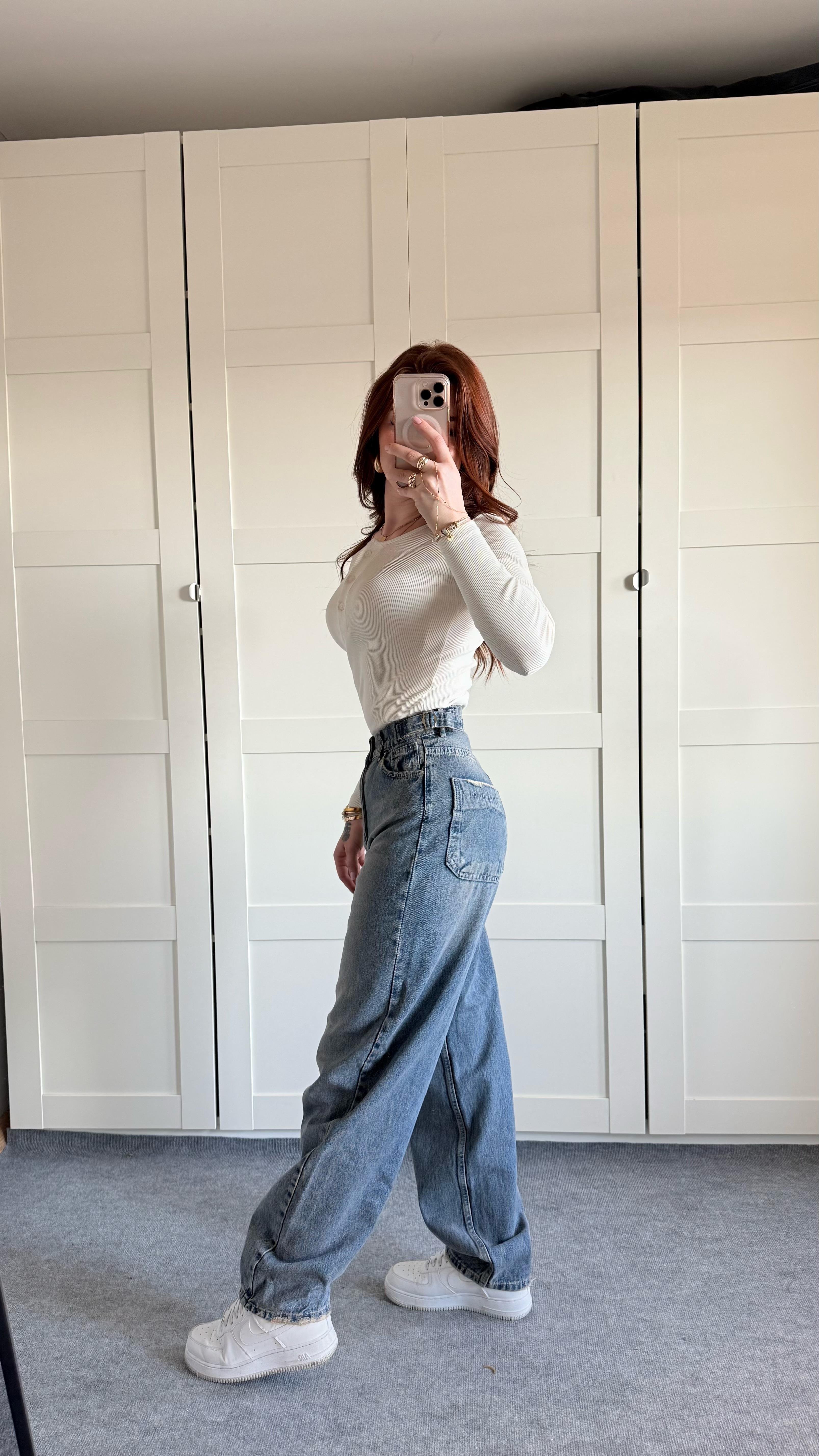 Baggy Viral Jeans Çift Kemer Eskitme