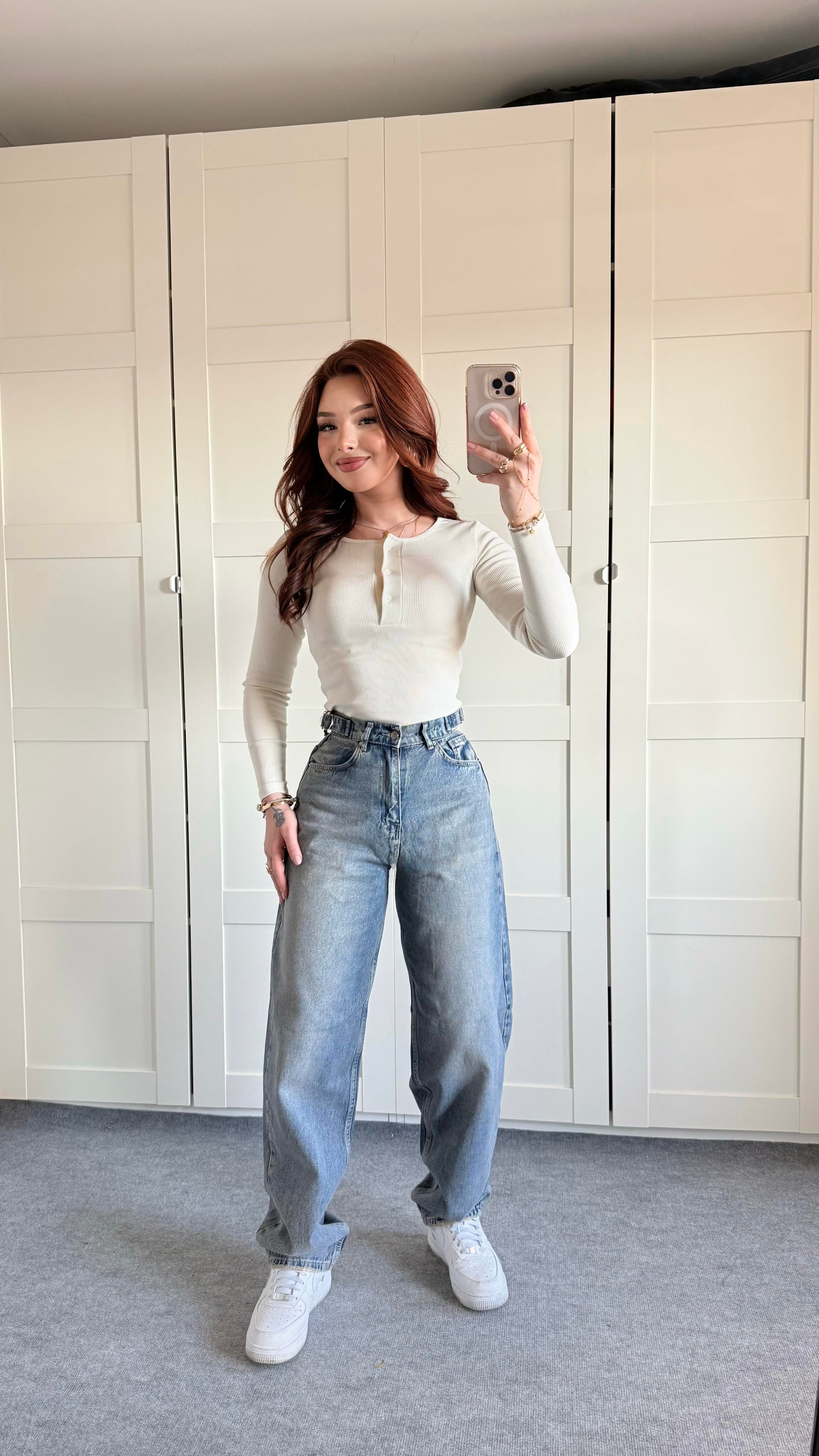 Baggy Viral Jeans Çift Kemer Eskitme