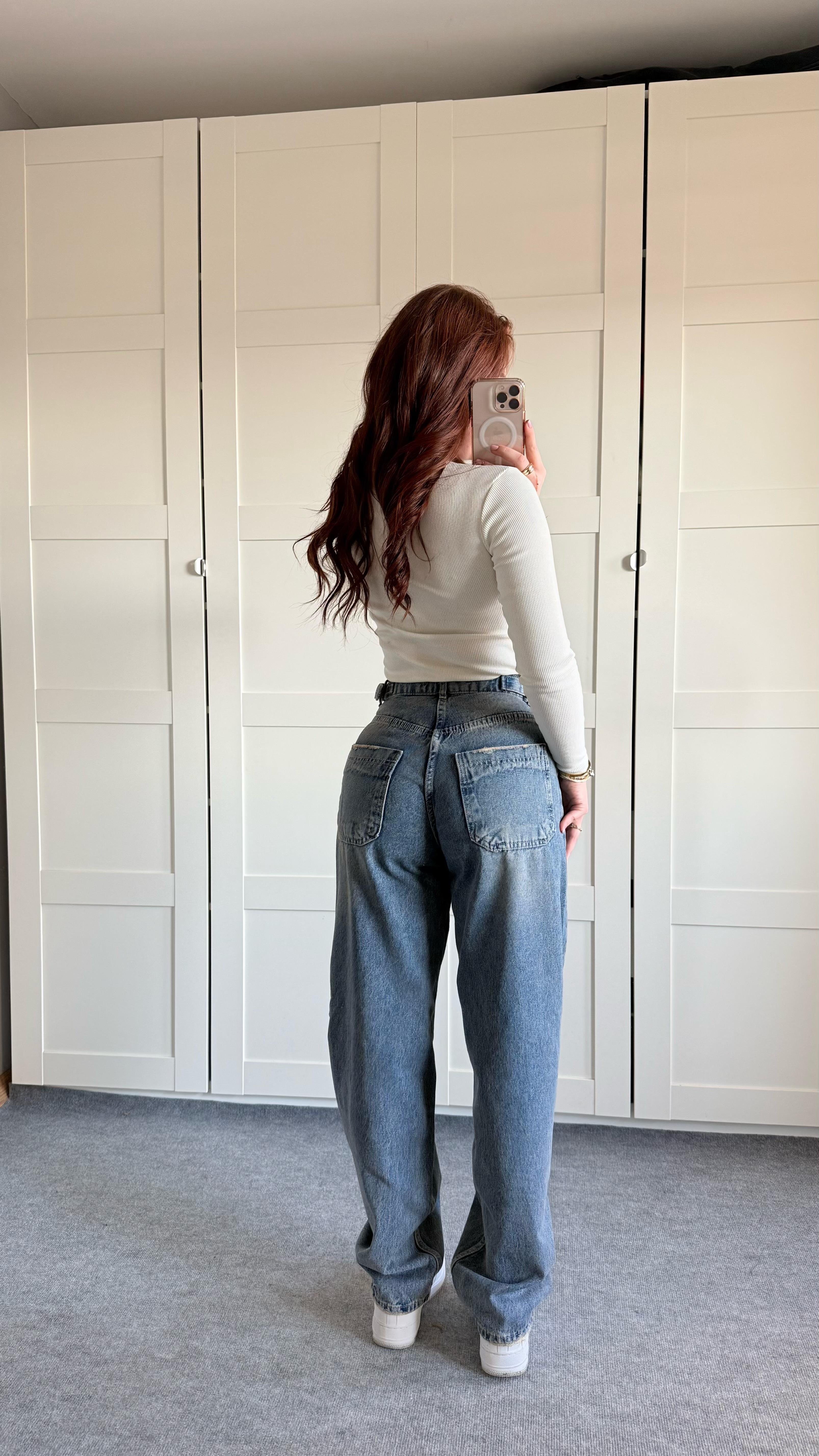 Baggy Viral Jeans Çift Kemer Eskitme