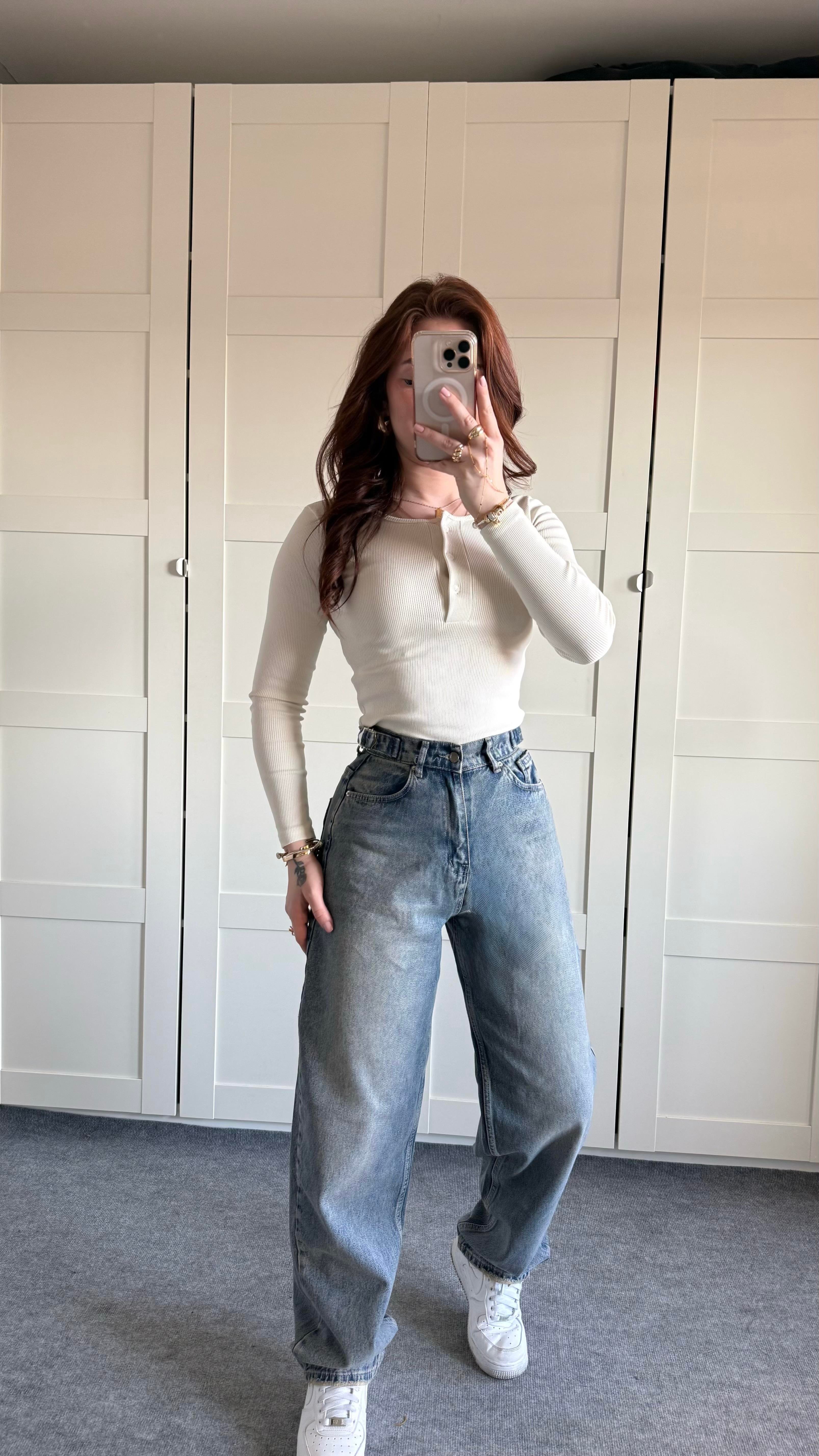 Baggy Viral Jeans Çift Kemer Eskitme