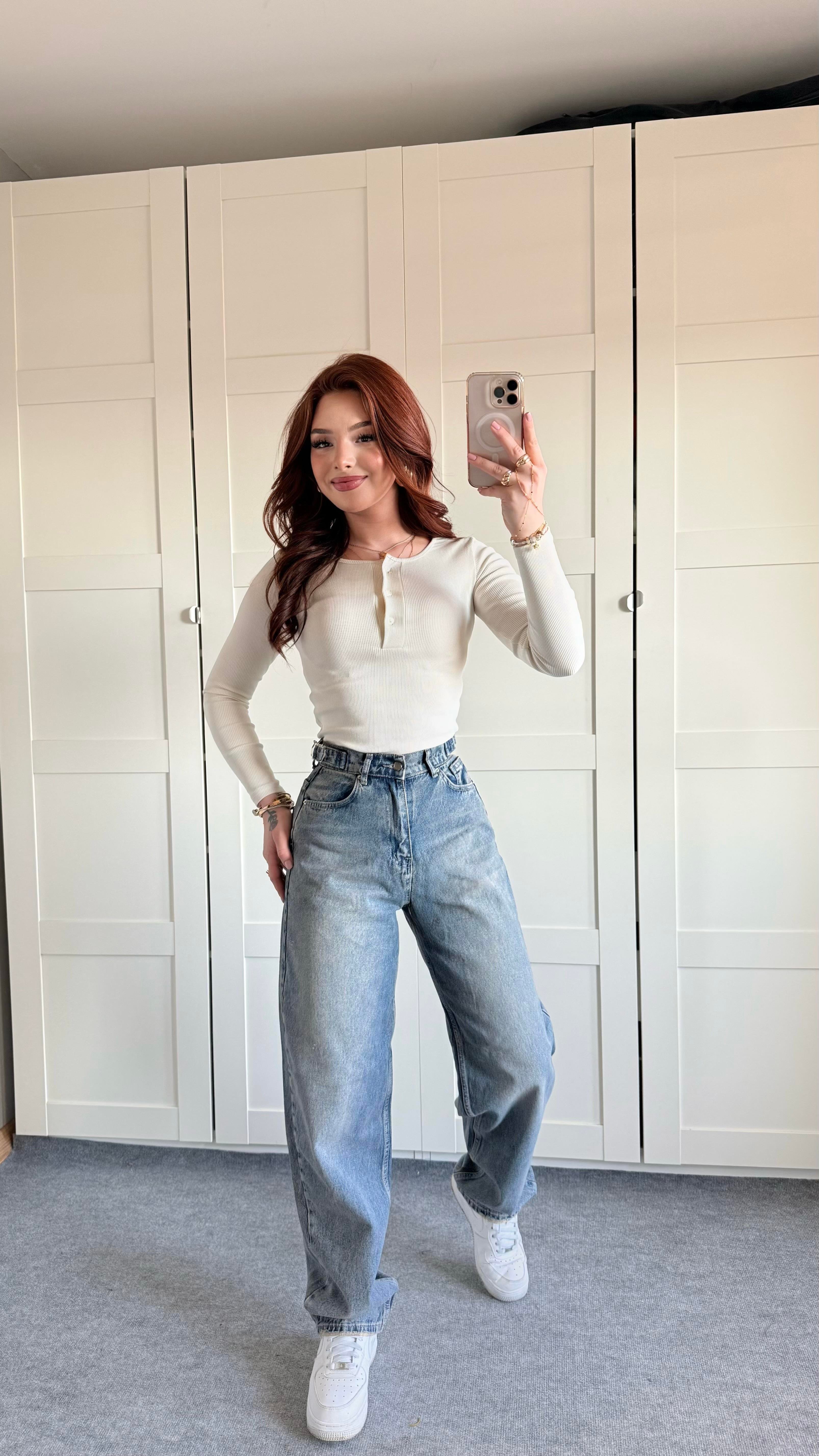 Baggy Viral Jeans Çift Kemer Eskitme
