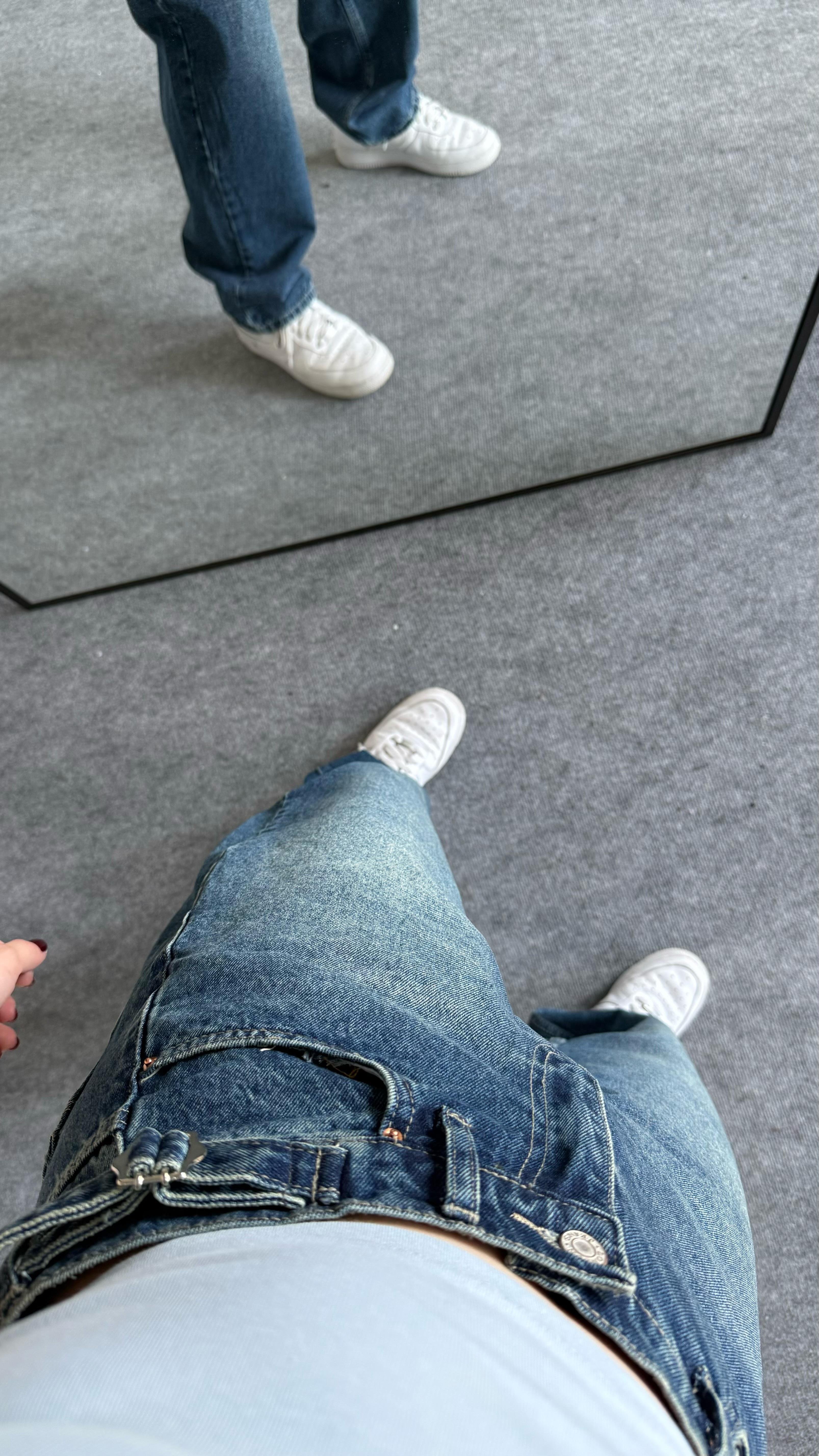 Baggy Viral Jeans Çift Kemer Koyu Mavi