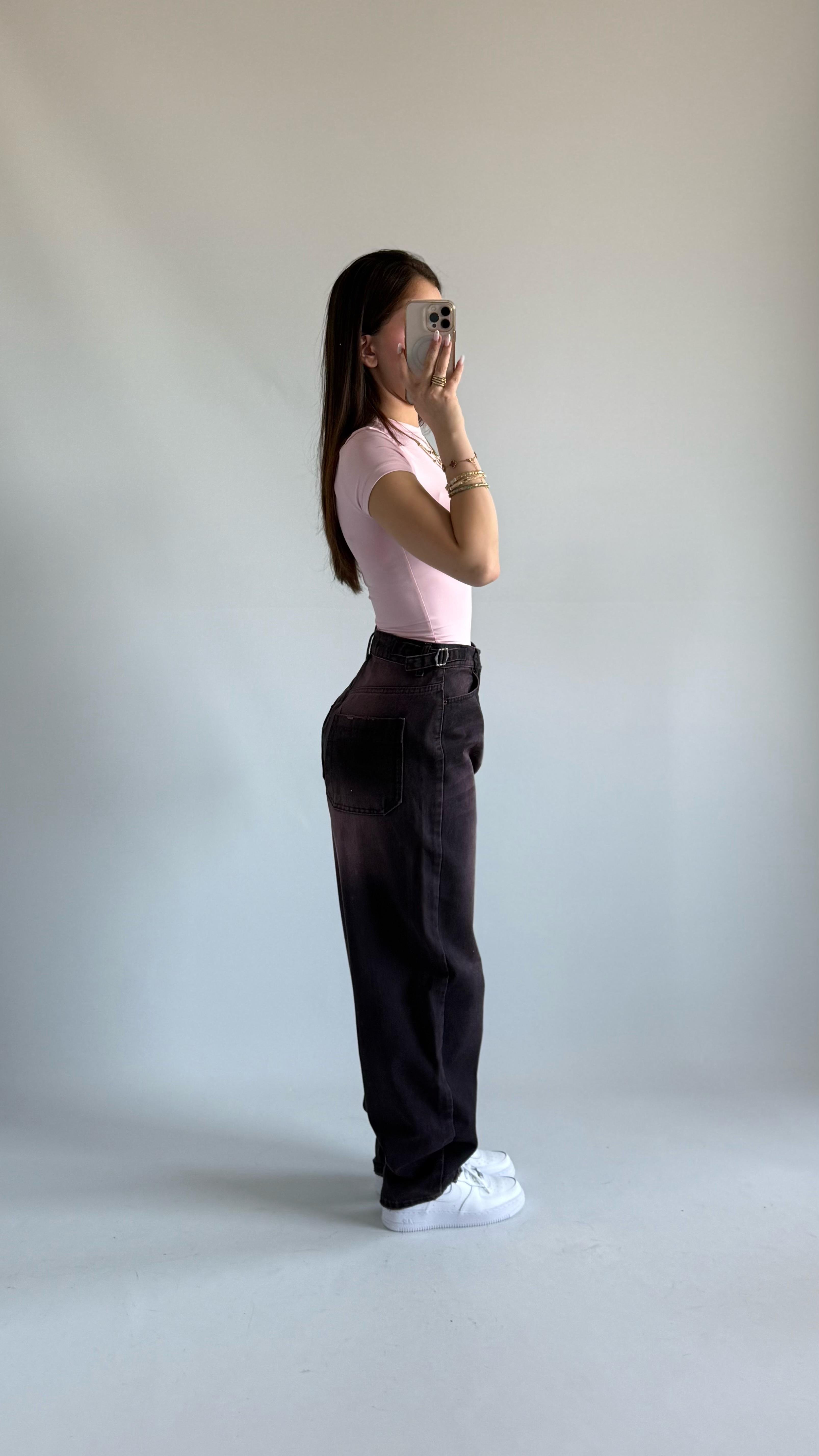 Baggy Viral Jeans Çift Kemer Mor Tintli