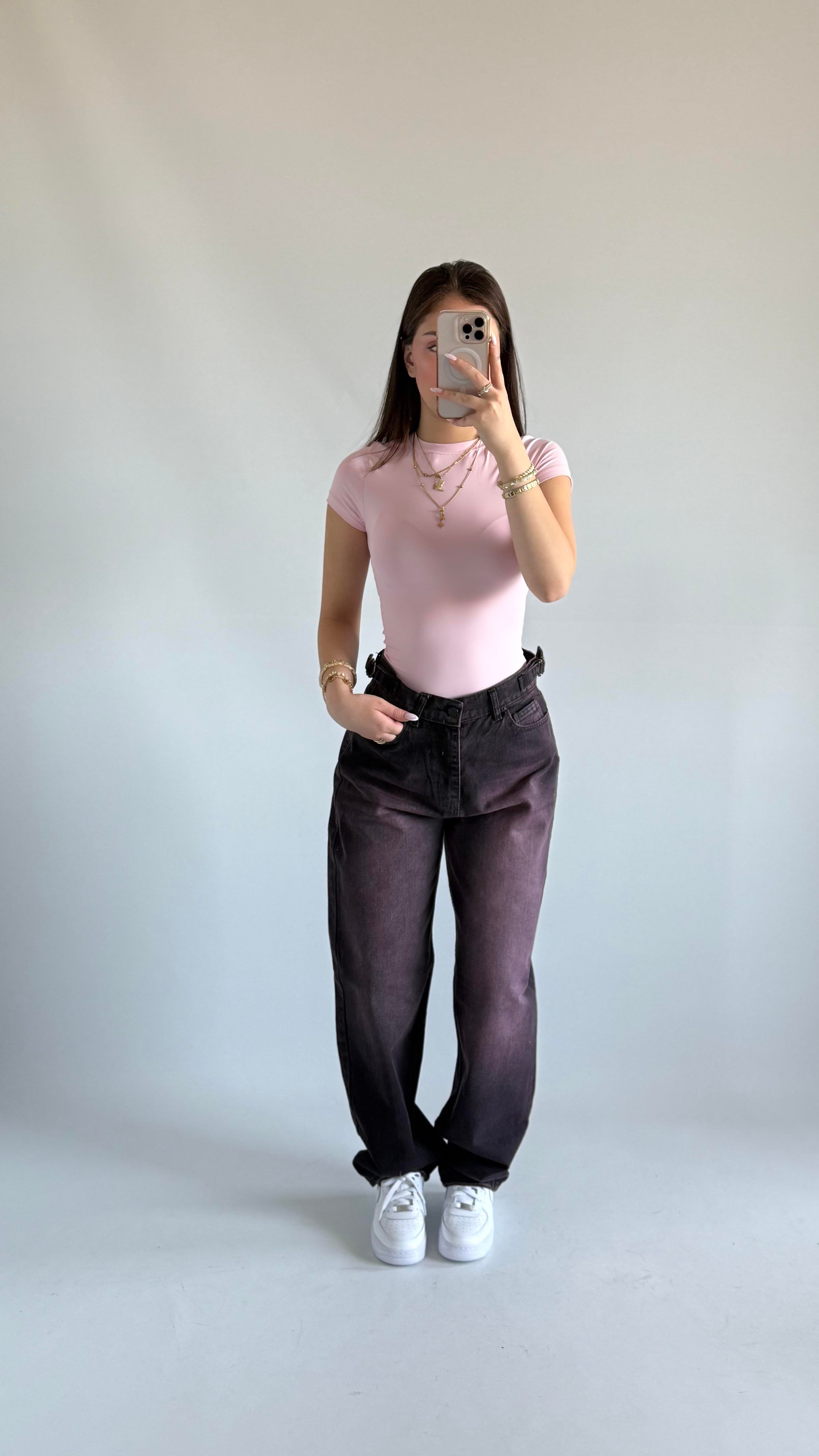 Baggy Viral Jeans Çift Kemer Mor Tintli