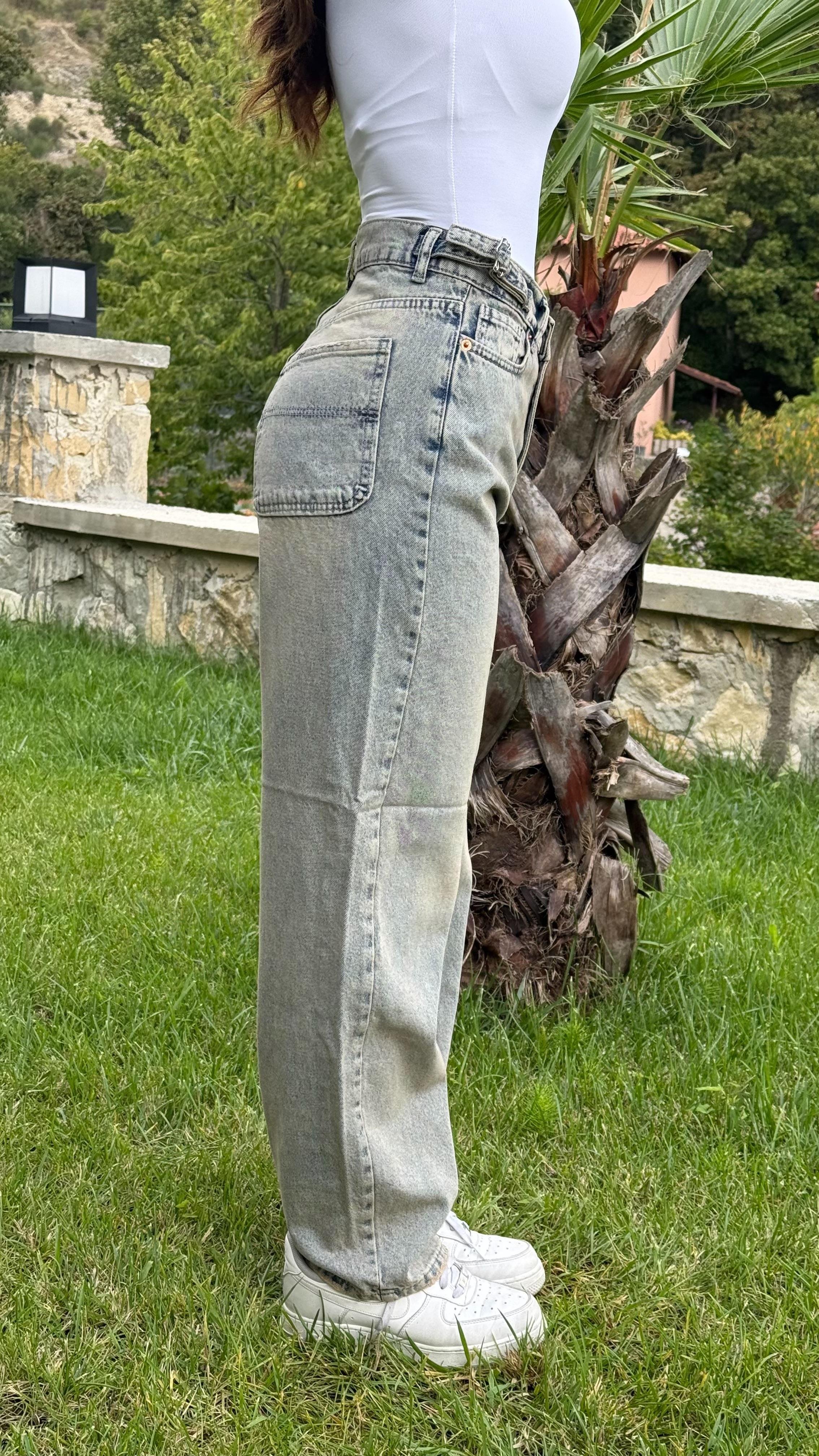 Baggy Viral Jeans Çift Kemer Riven