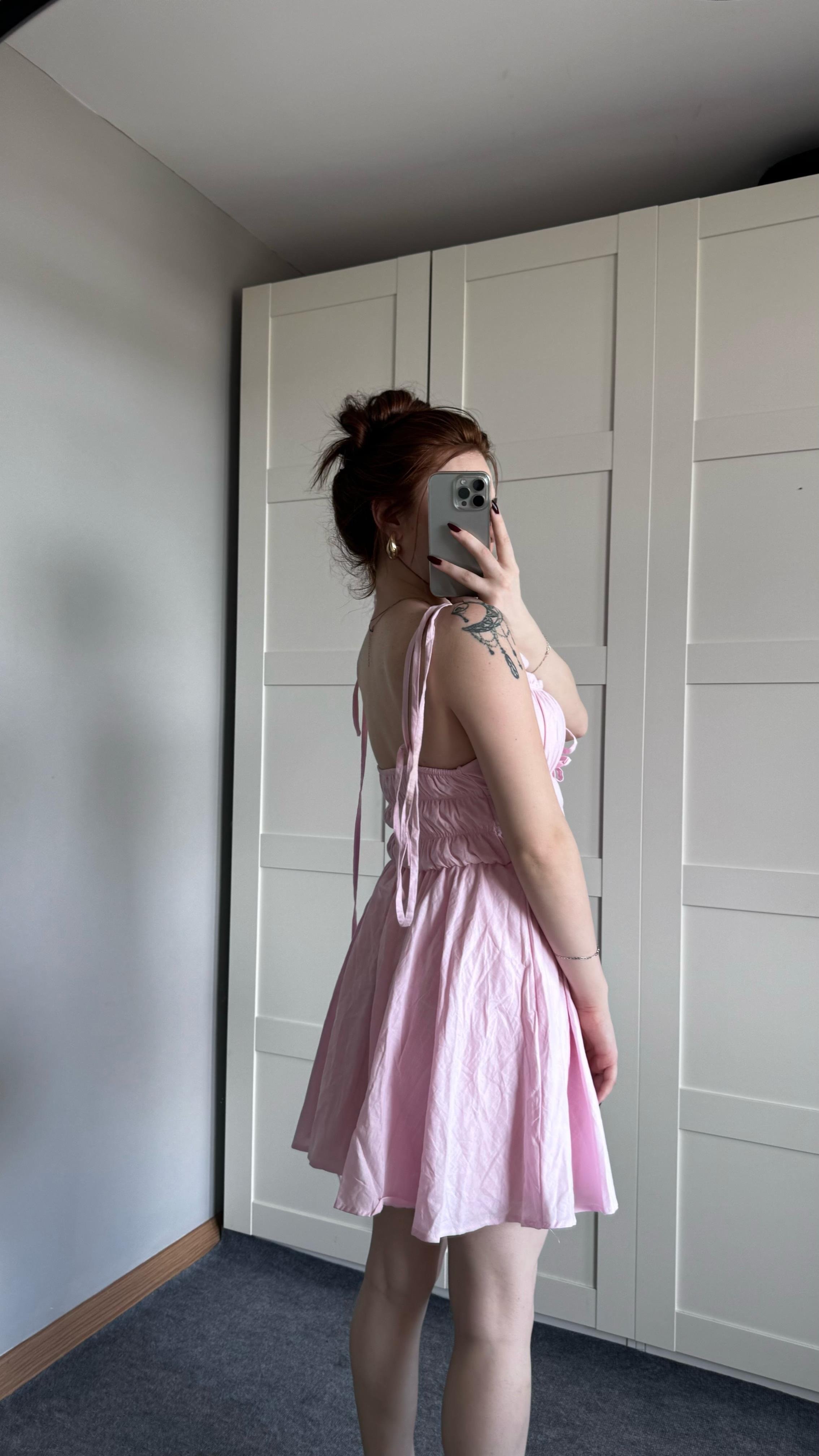 Bağlama Detaylı Pembe Elbise