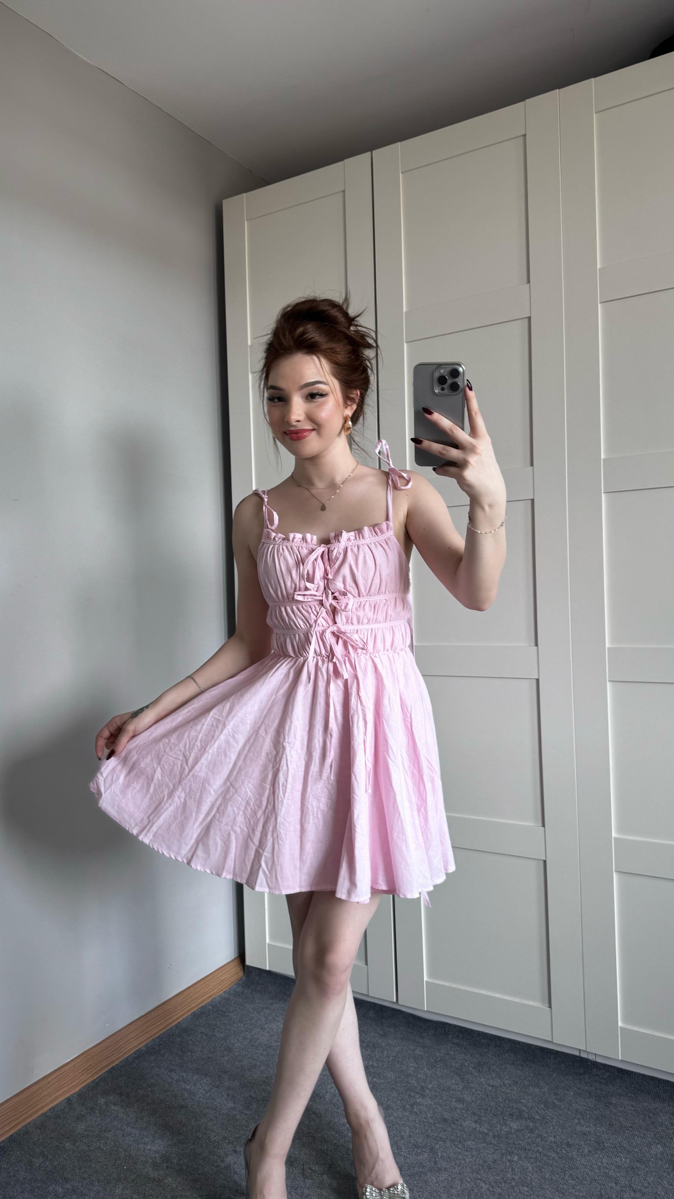Bağlama Detaylı Pembe Elbise