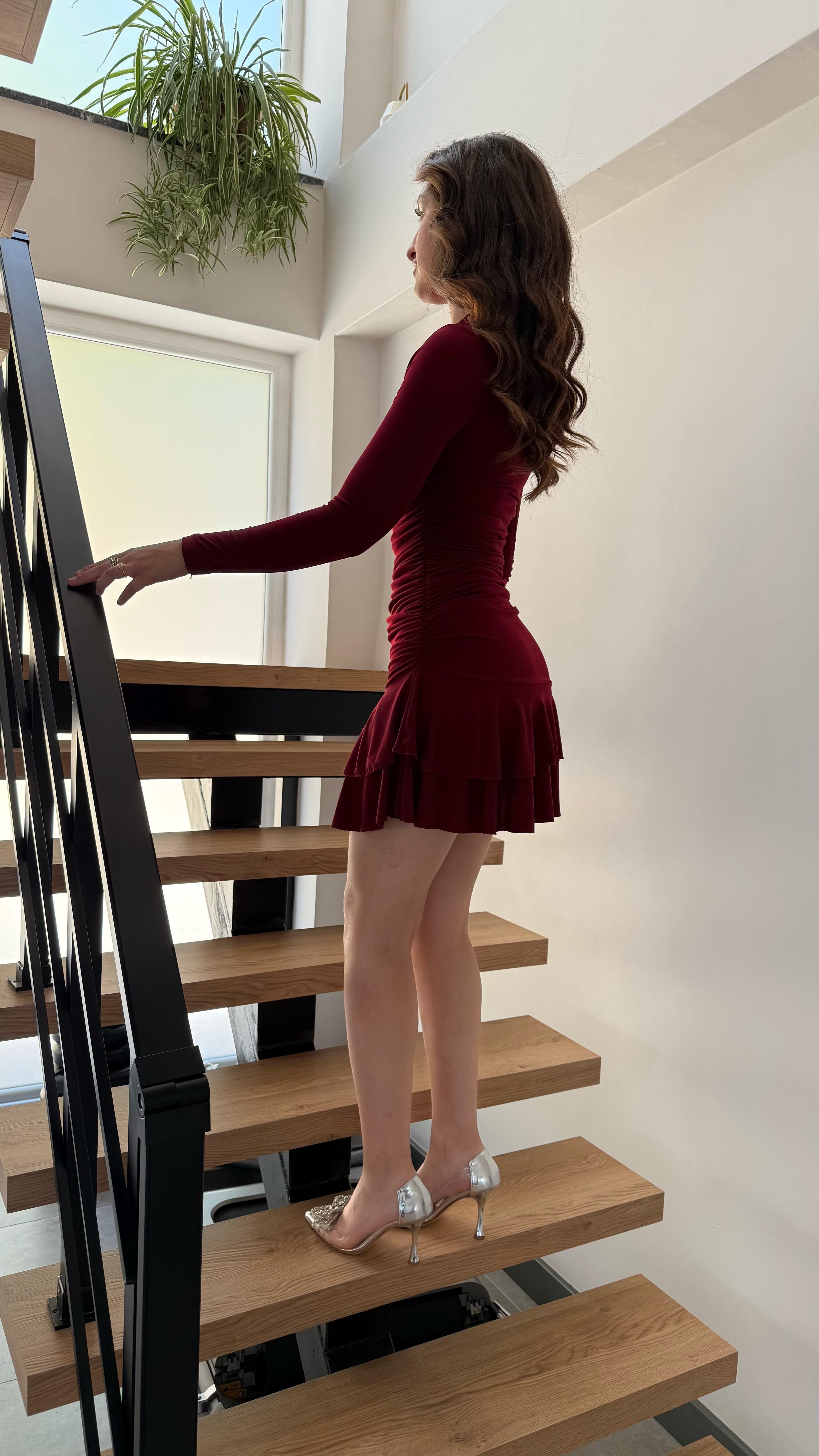 Balıkçı Yandan Drapeli Etek Fırfır Elbise Mini Bordo