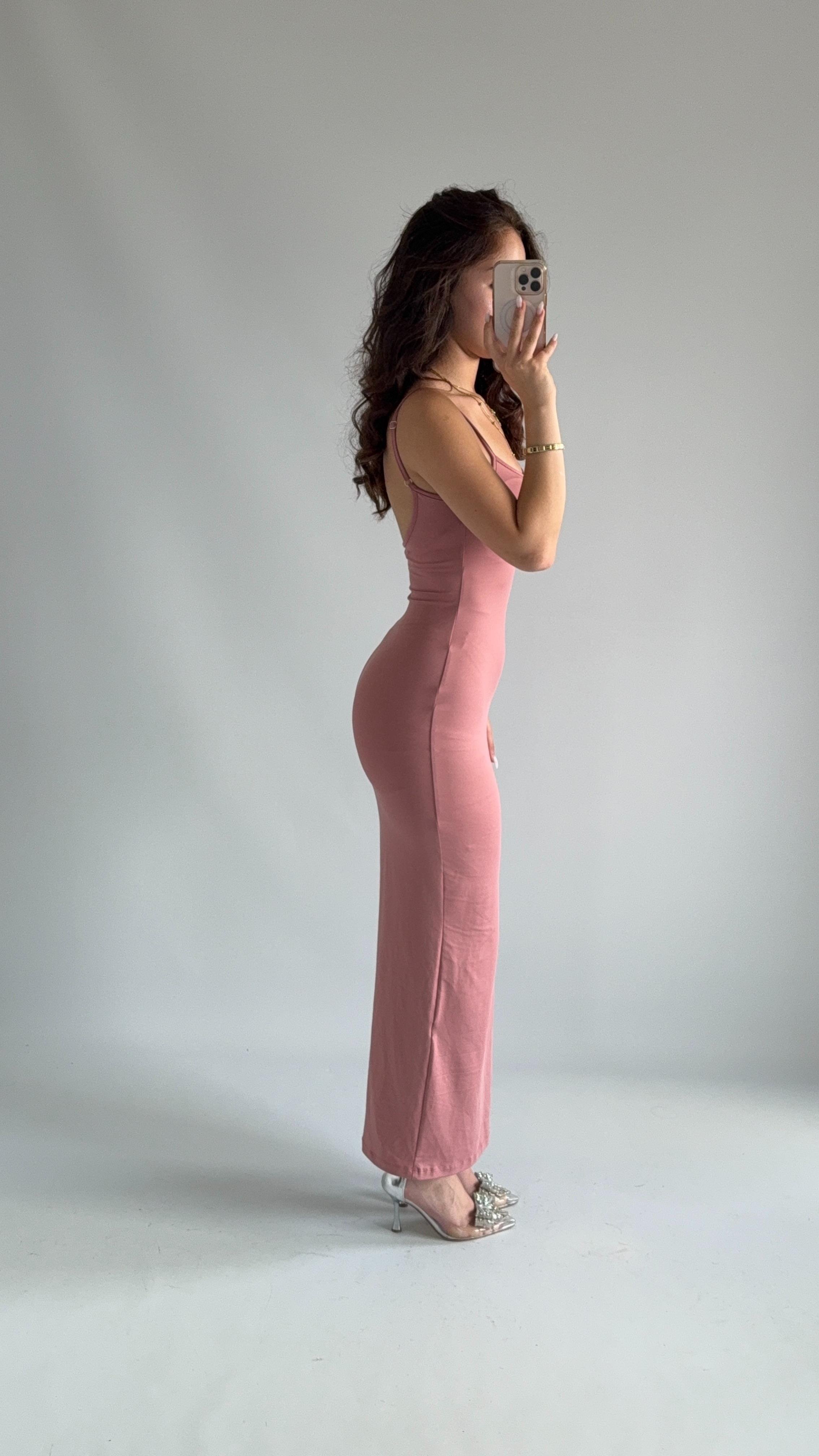 Basıc Askılı Uzun Gül Kurusu Elbise