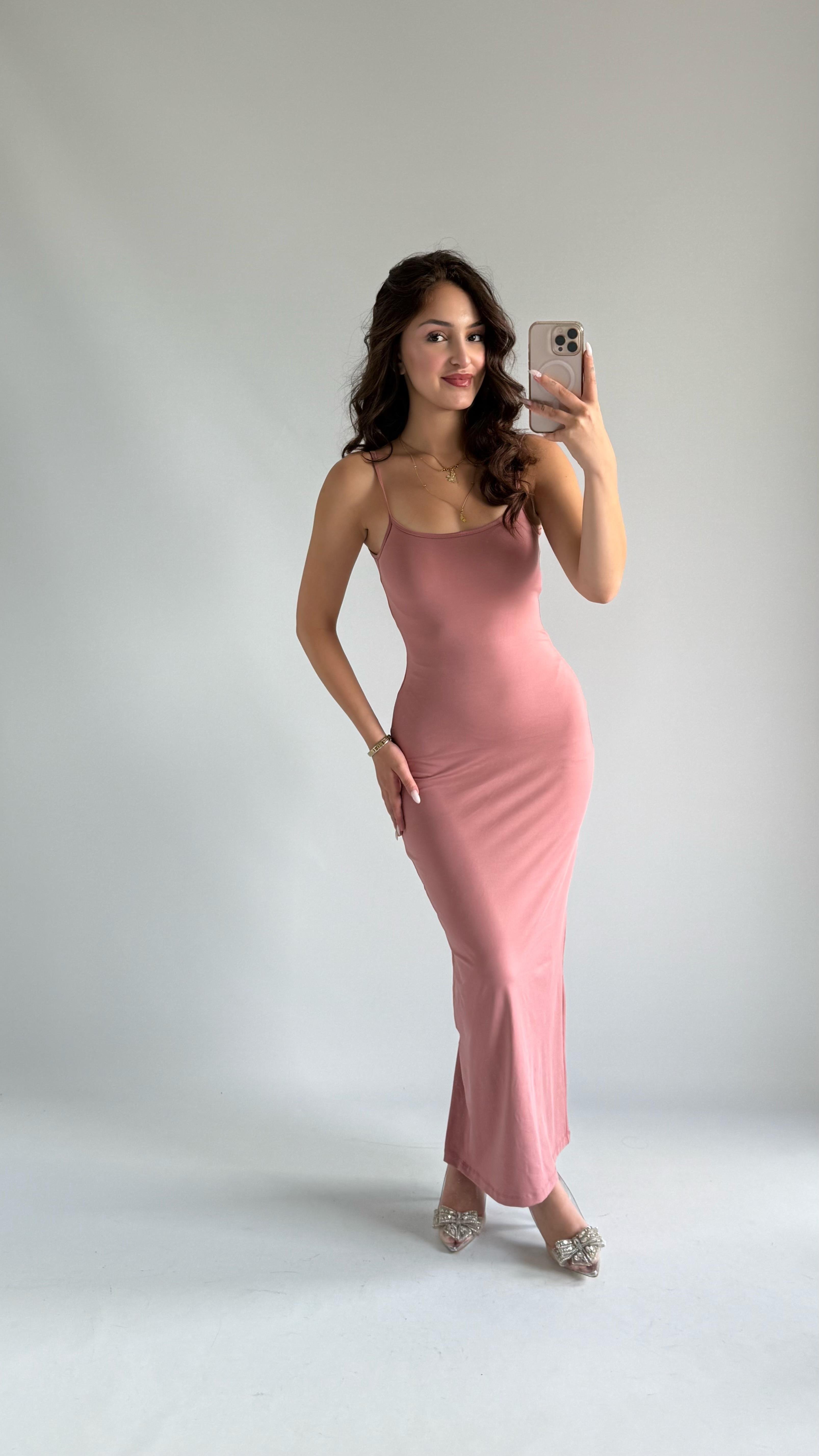 Basıc Askılı Uzun Gül Kurusu Elbise