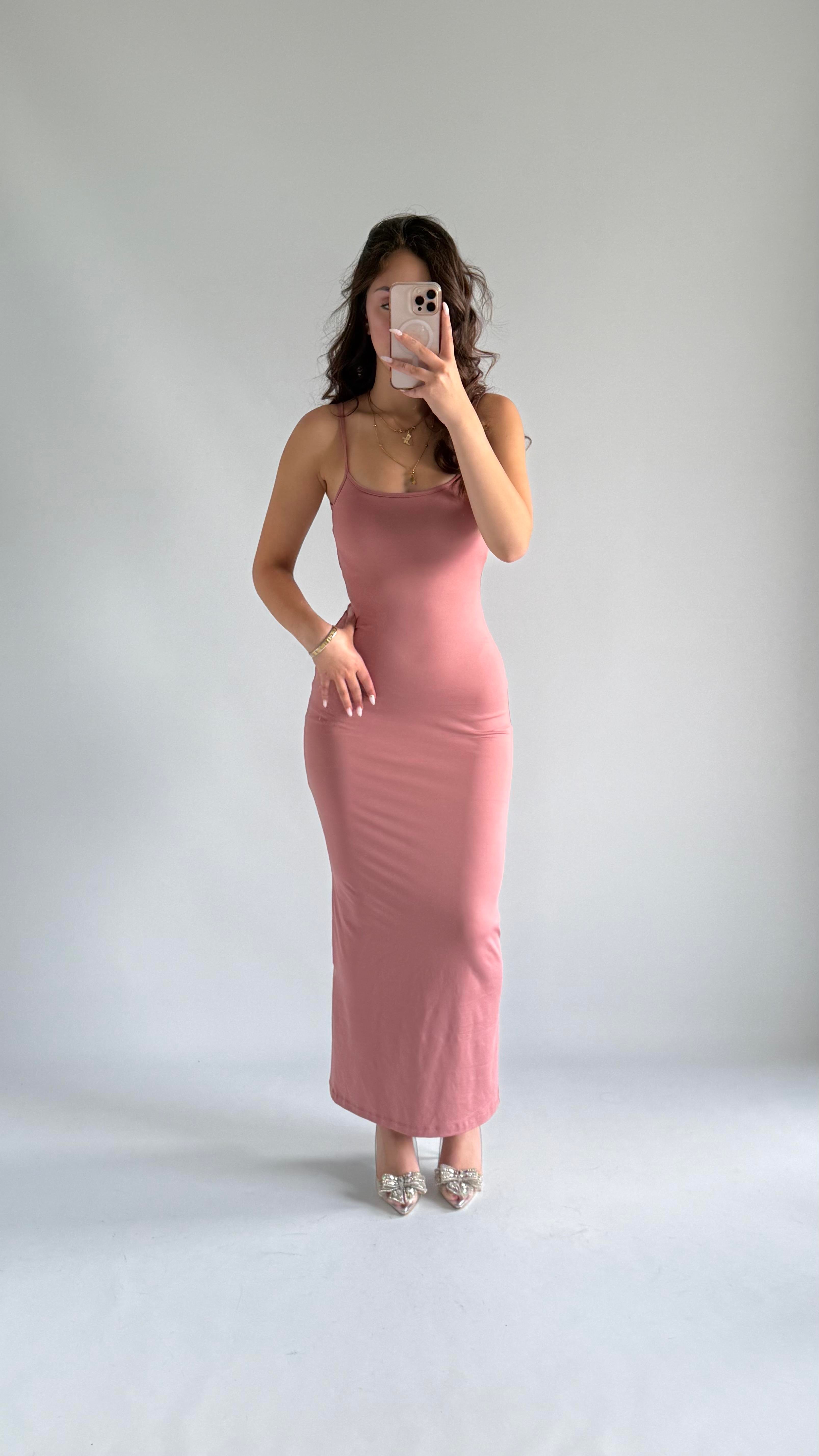 Basıc Askılı Uzun Gül Kurusu Elbise