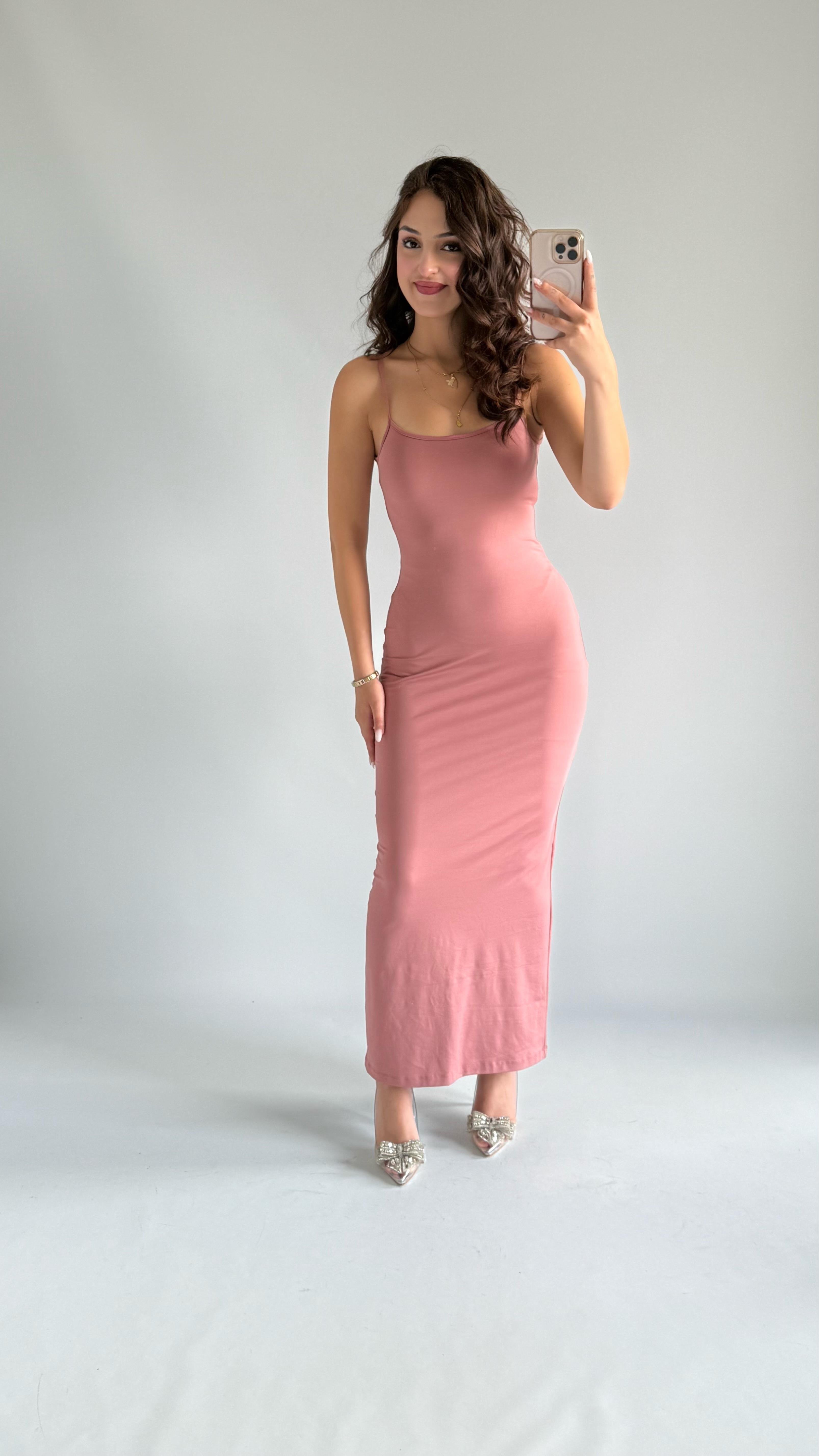 Basıc Askılı Uzun Gül Kurusu Elbise