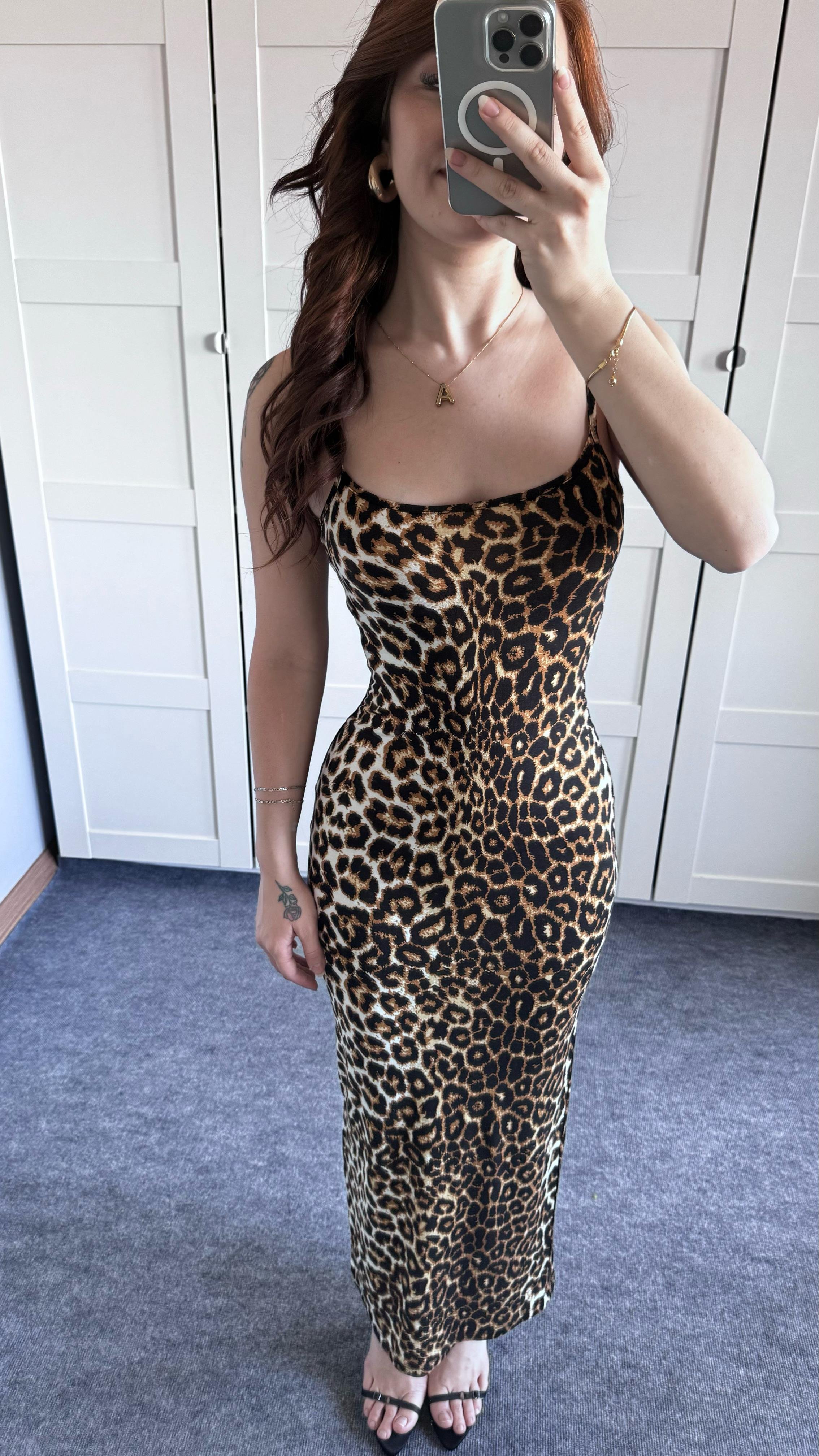 Basıc Askılı Uzun Leopar Elbise