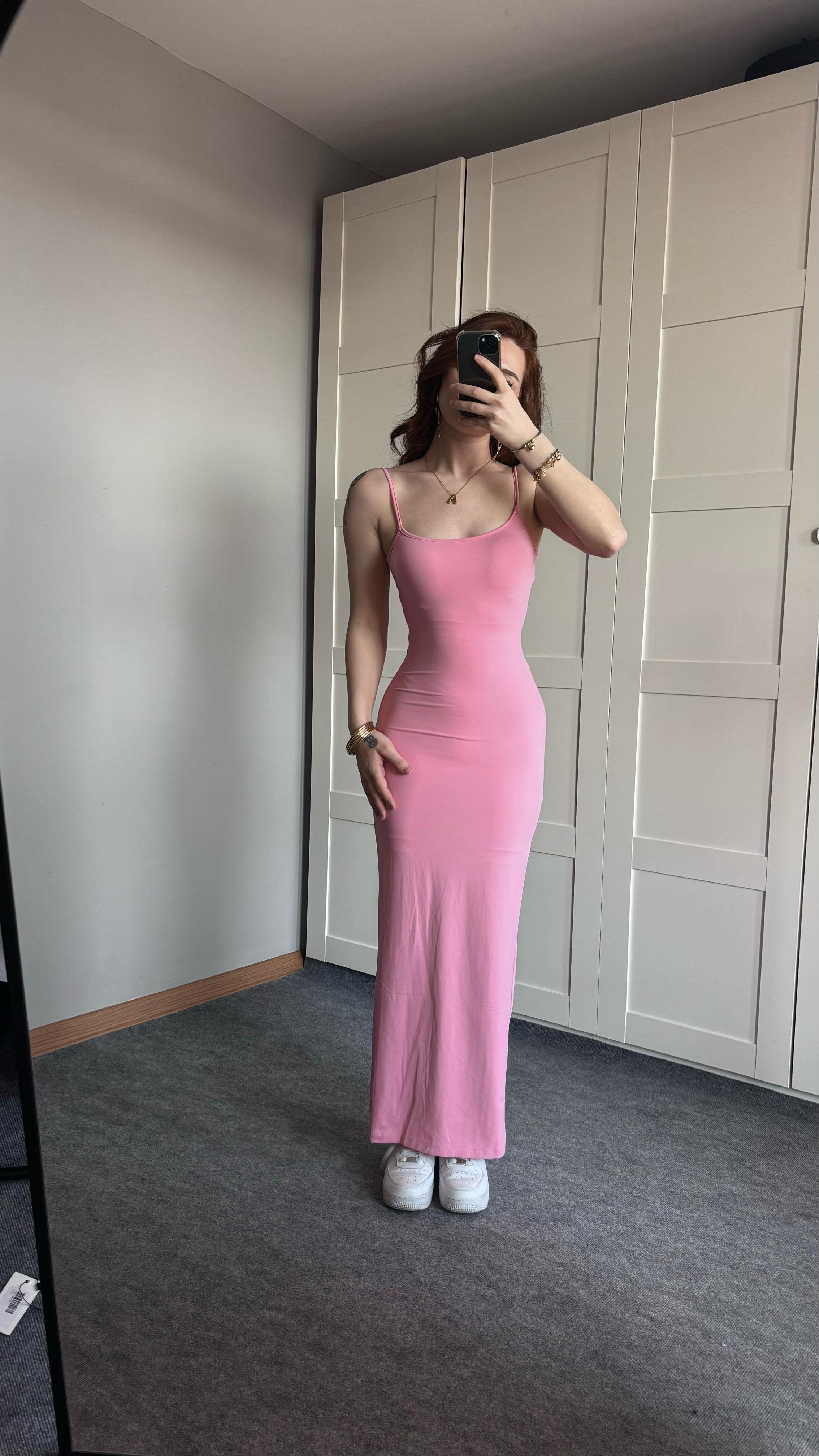 Basıc Askılı Uzun Pembe Elbise