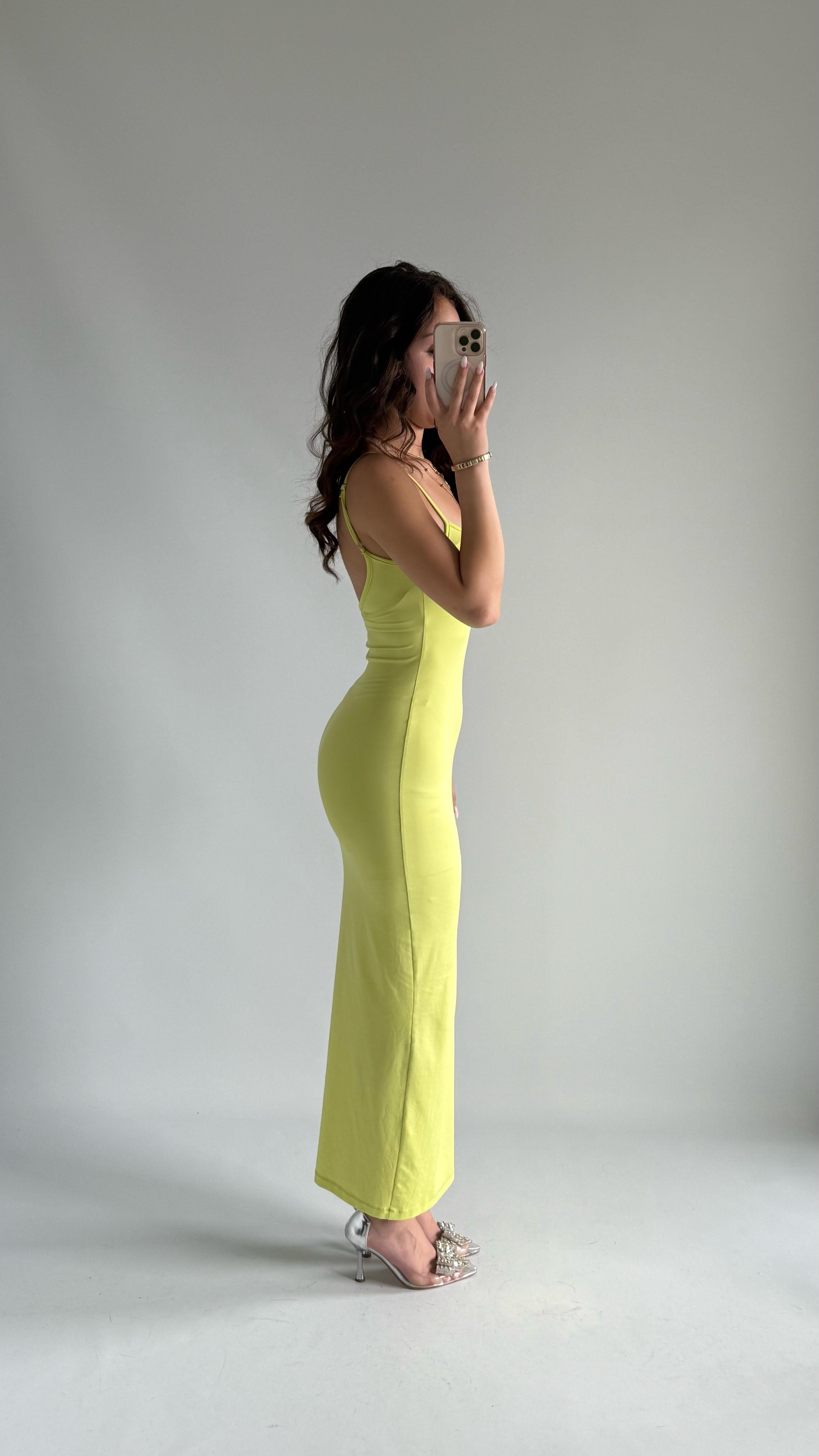 Basıc Askılı Uzun Sarı Elbise