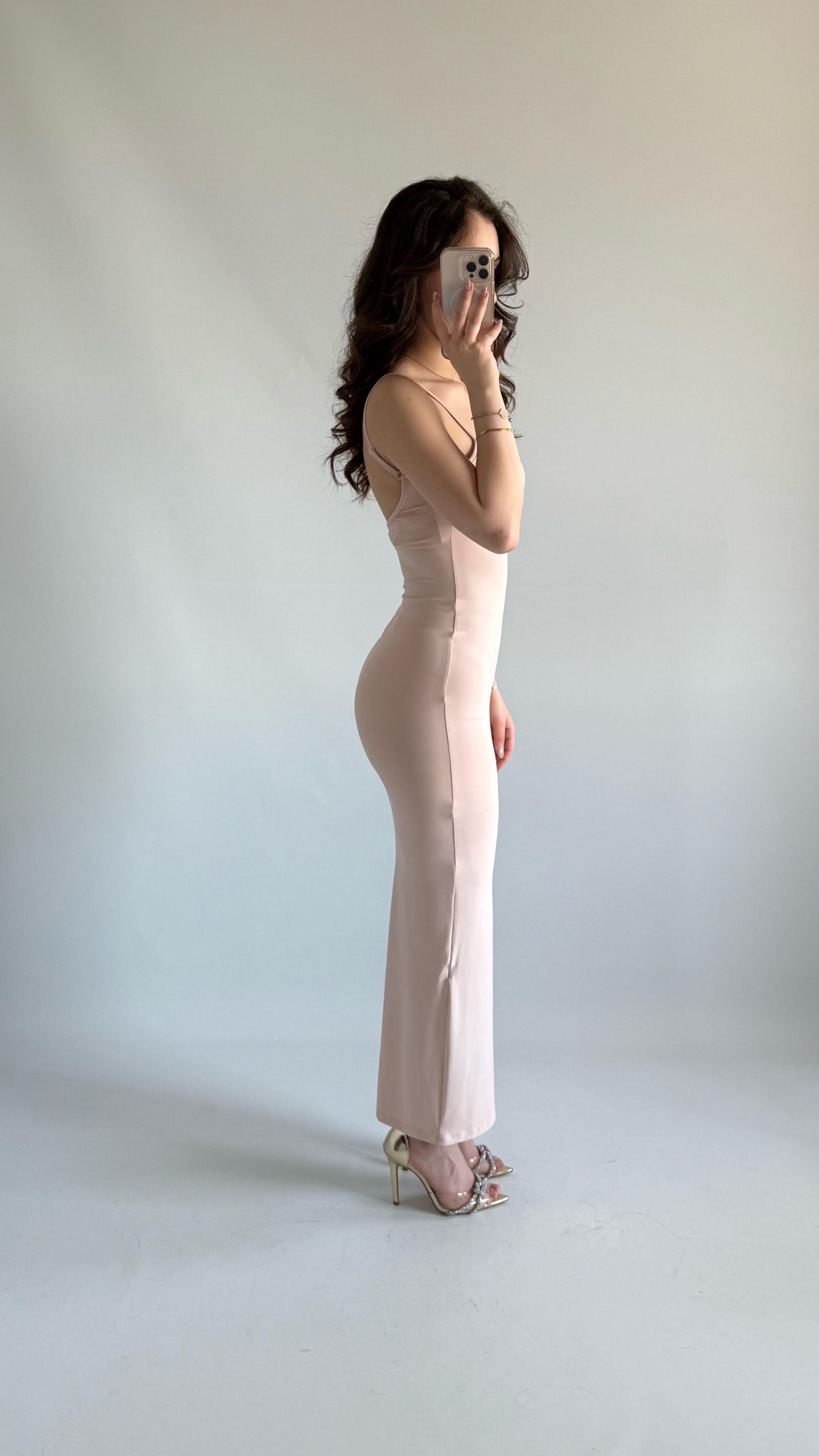 Basıc Askılı Uzun Toz Pembe Elbise