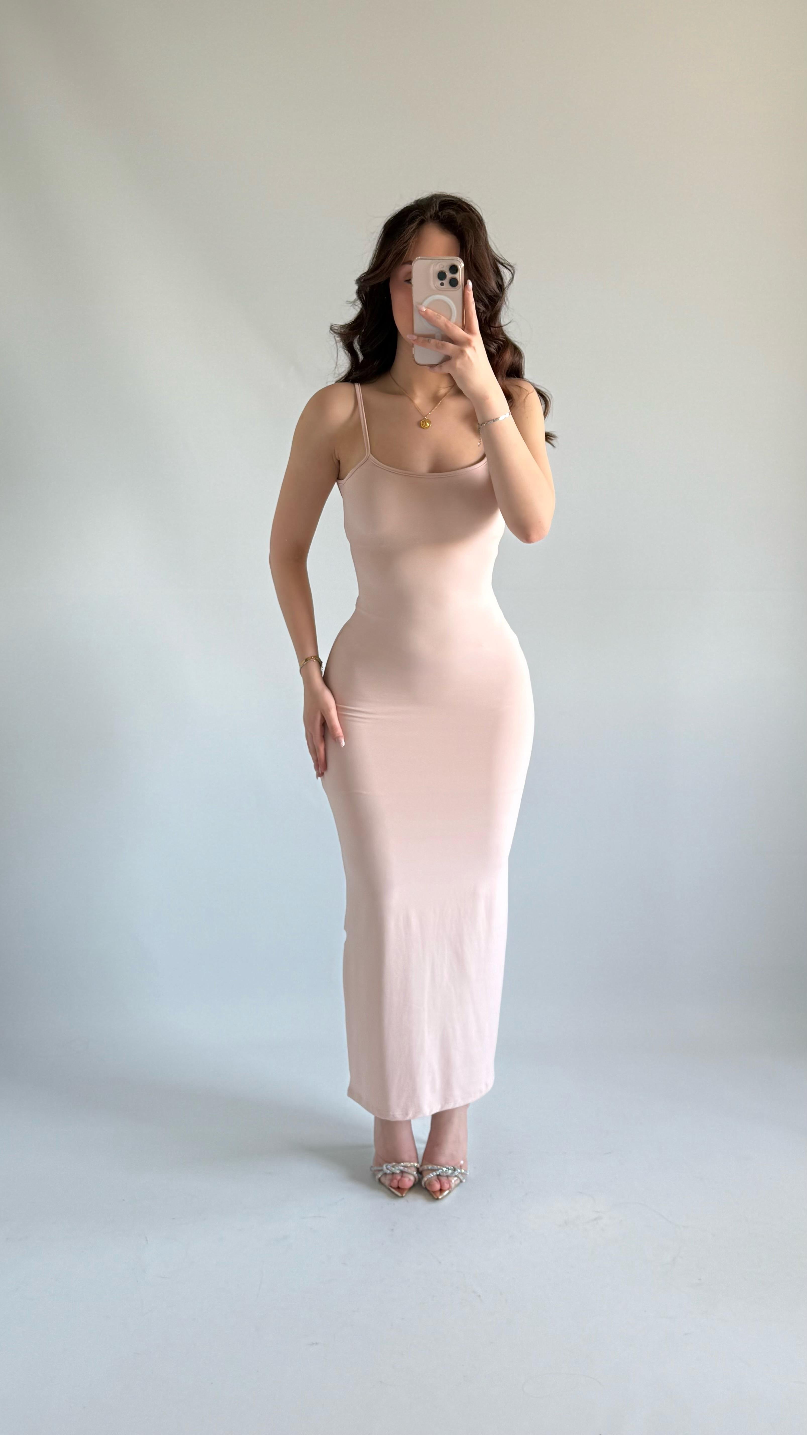 Basıc Askılı Uzun Toz Pembe Elbise