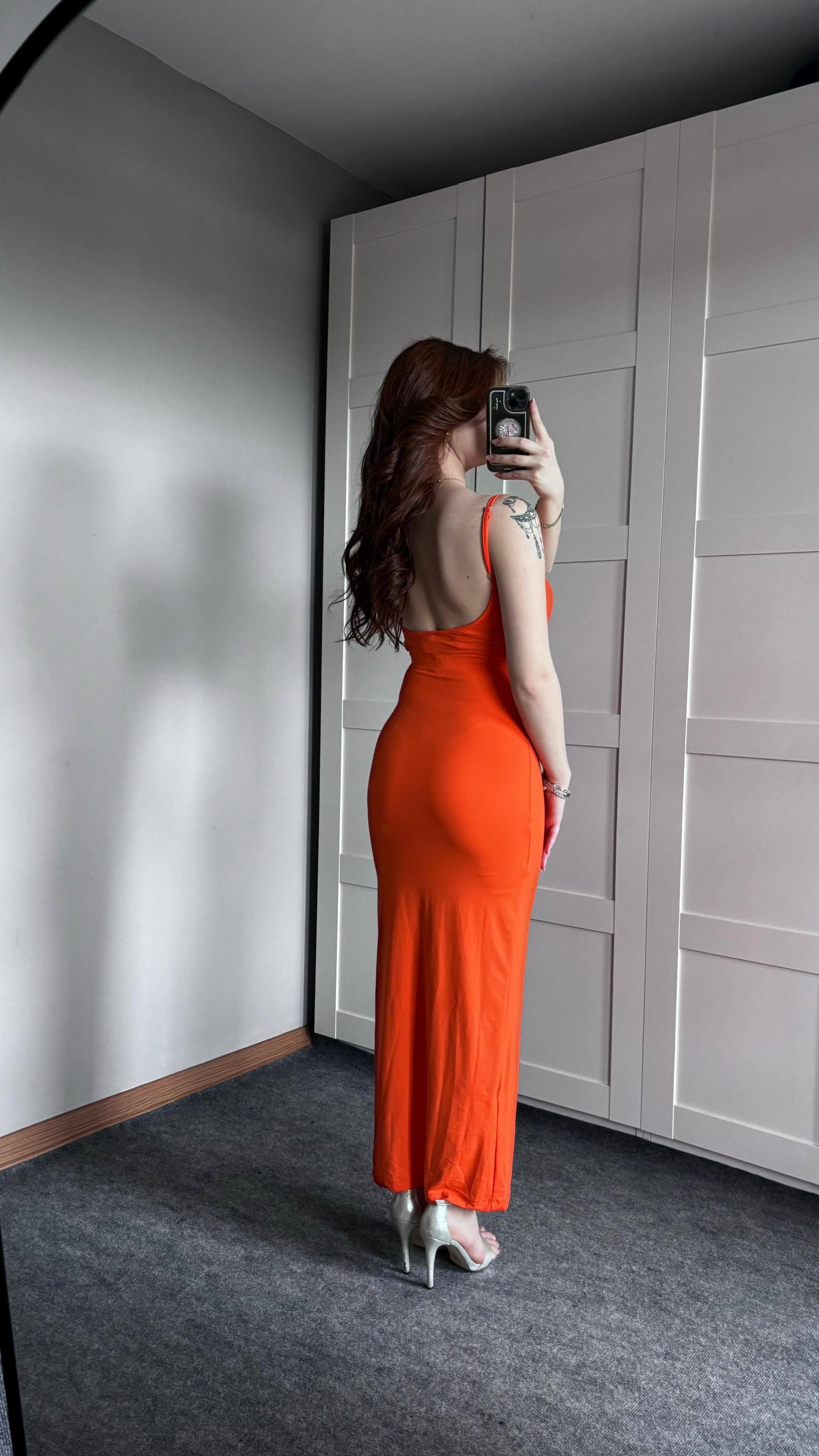 Basıc Askılı Uzun Turuncu Elbise