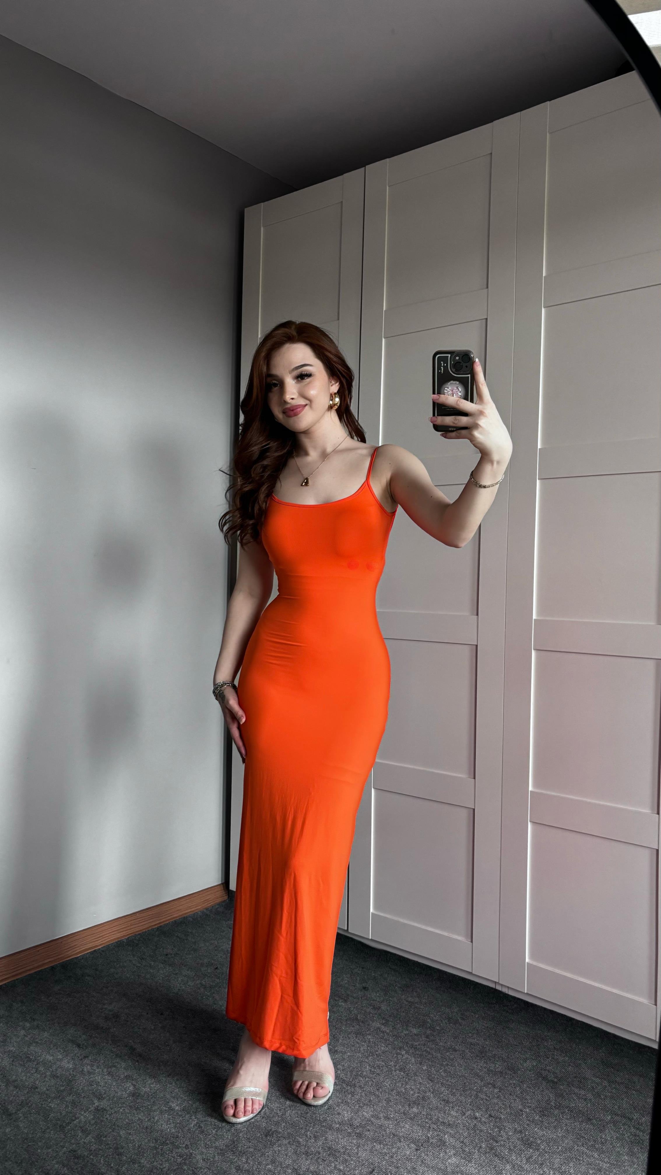 Basıc Askılı Uzun Turuncu Elbise