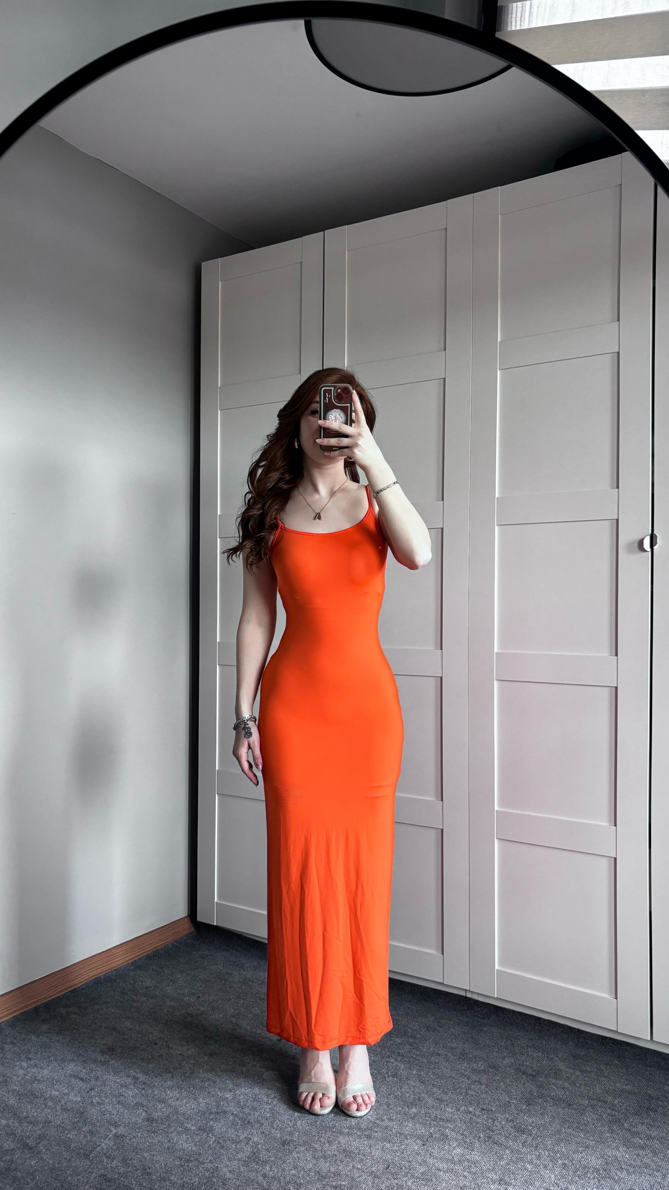 Basıc Askılı Uzun Turuncu Elbise