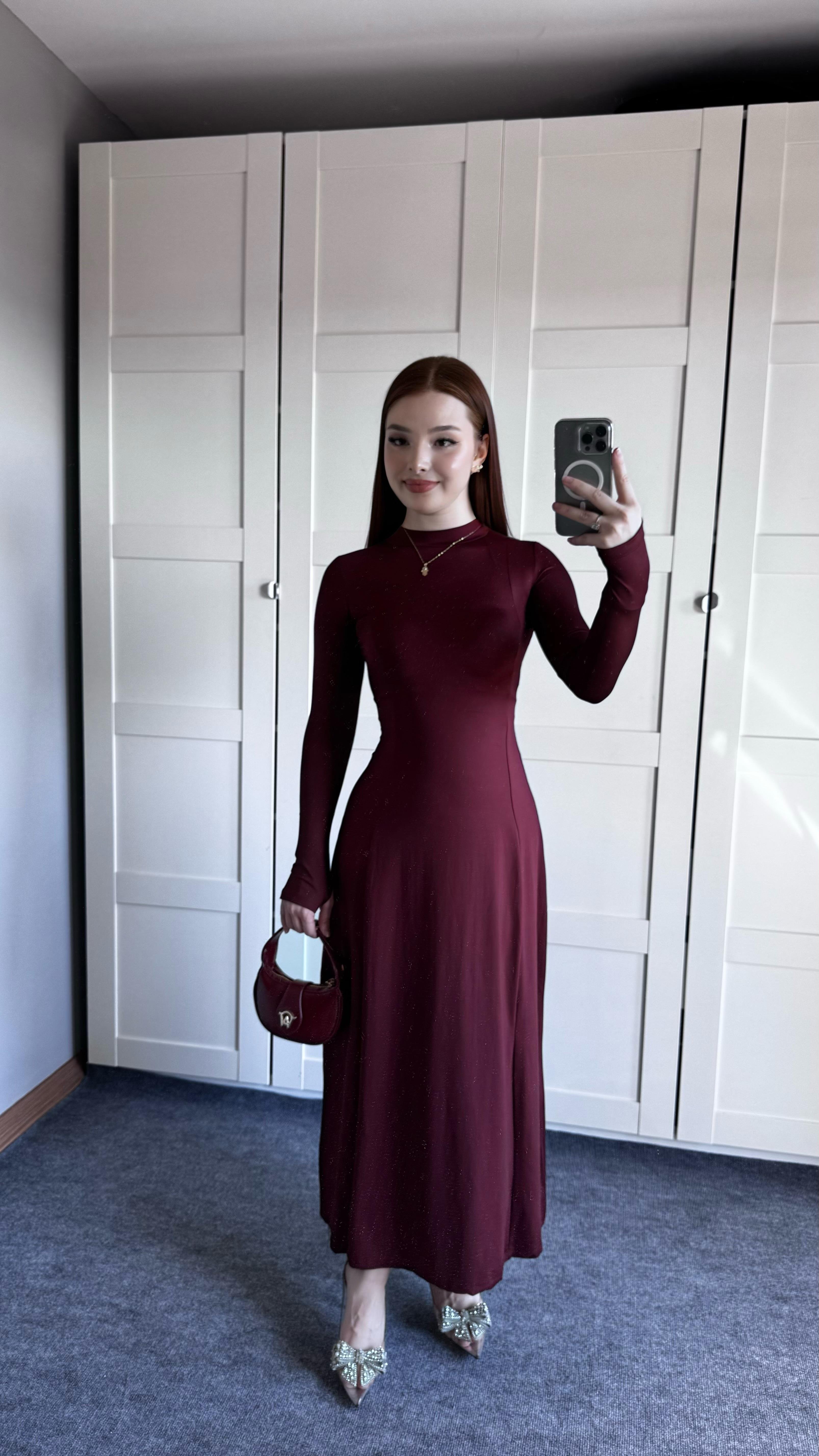 Basıc El Detay Elbise Bordo