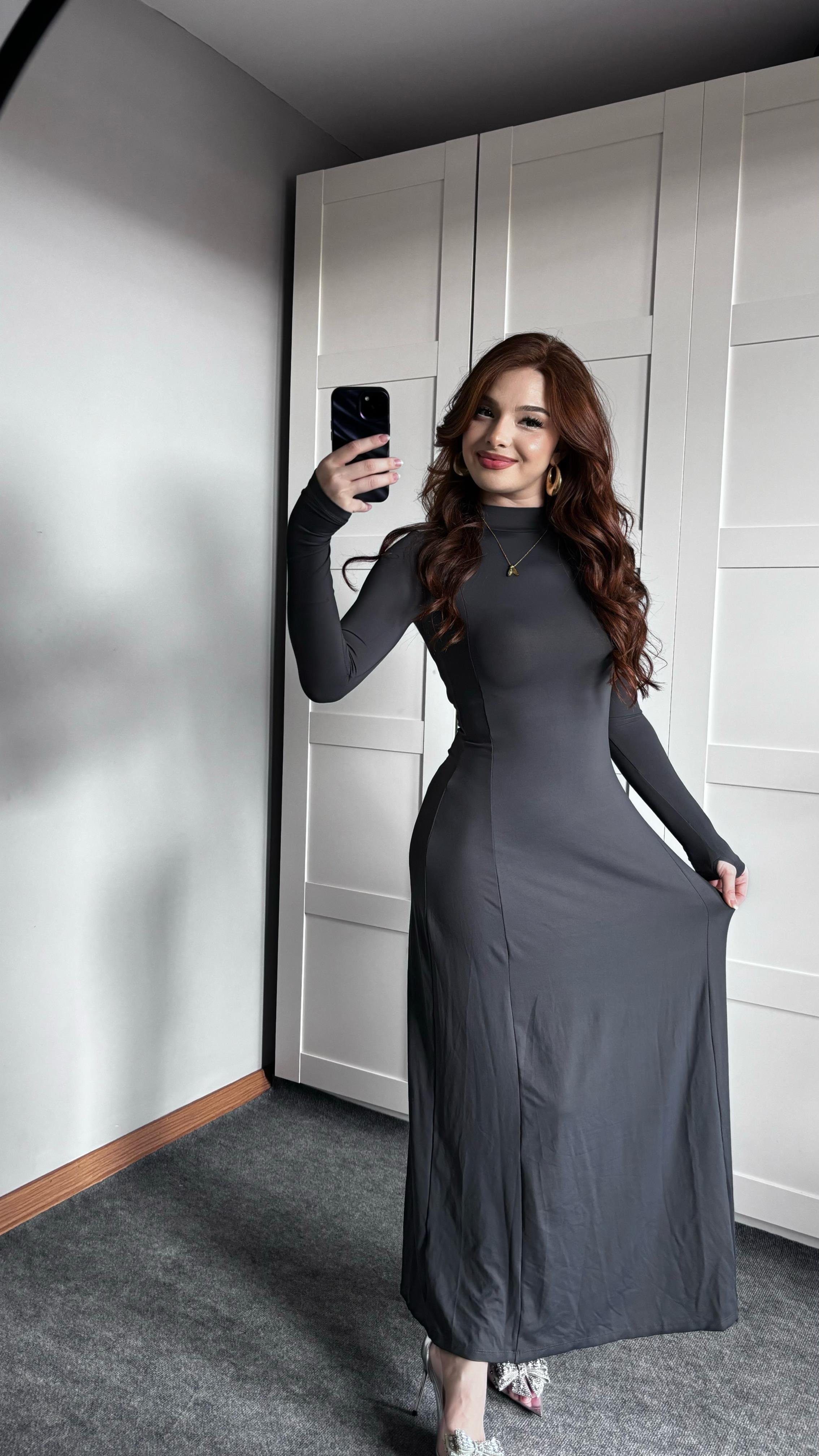 Basıc El Detay Elbise Gri 