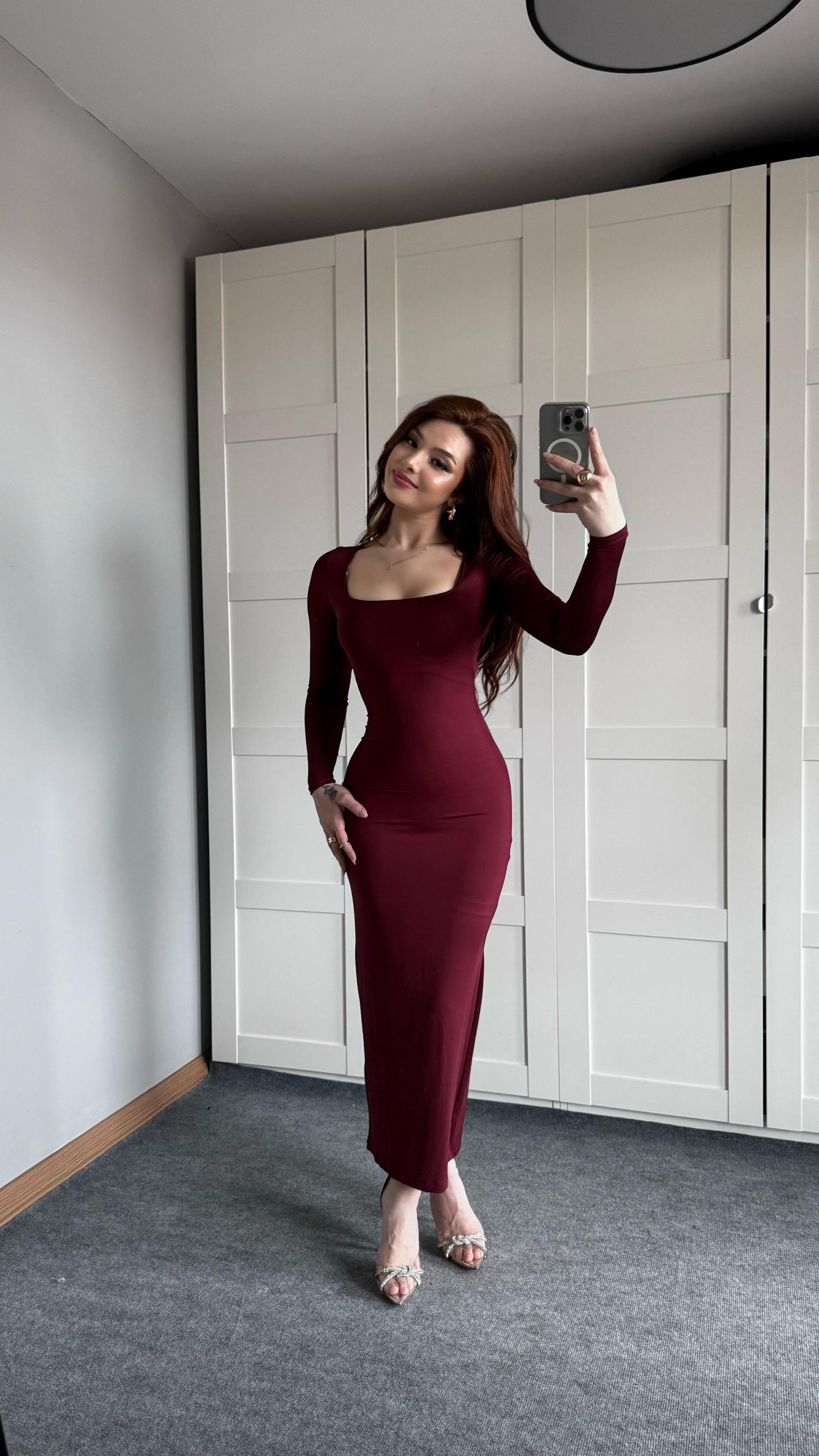 Basıc Kare Yaka Elbise Uzun Bordo