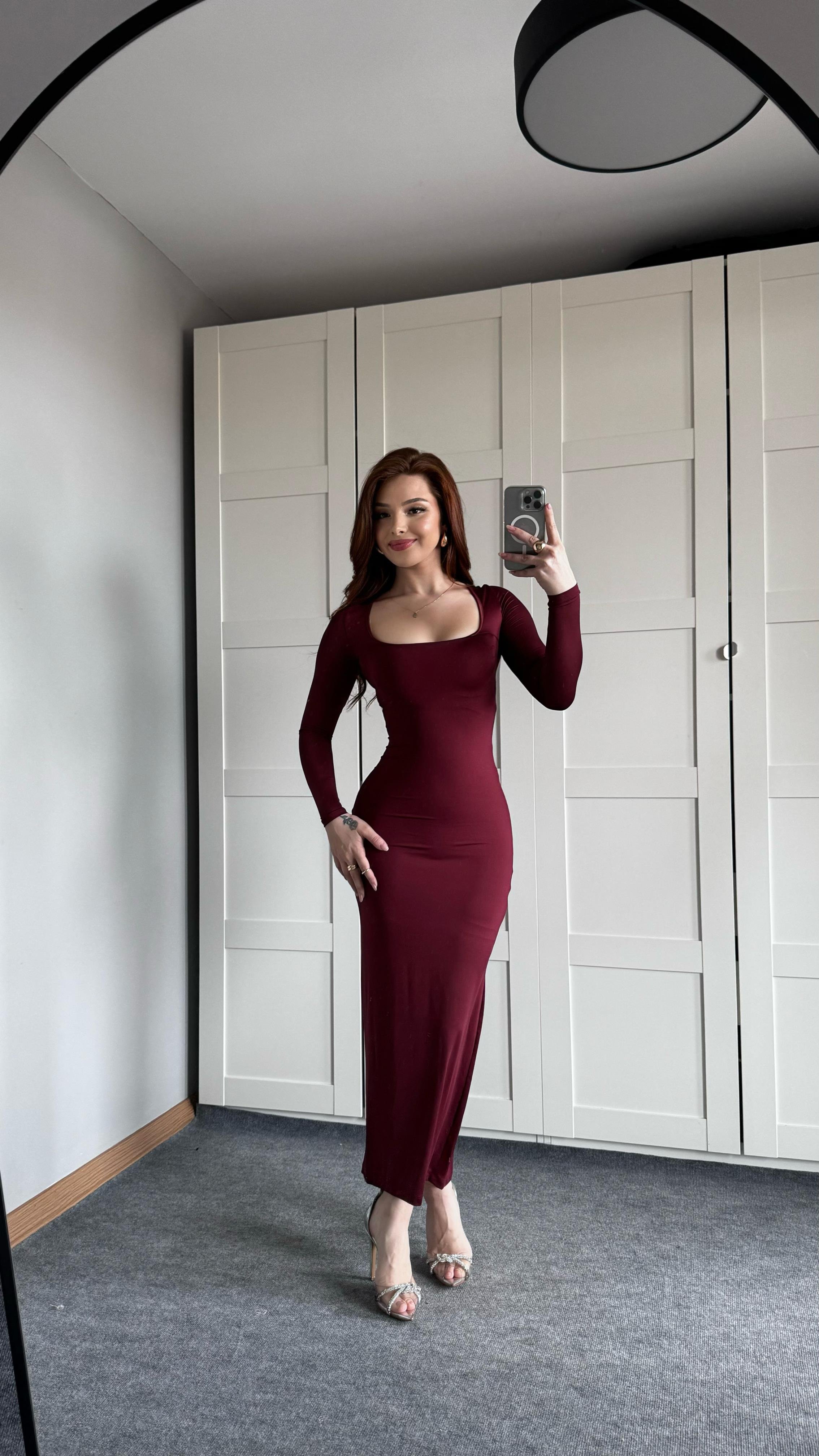 Basıc Kare Yaka Elbise Uzun Bordo