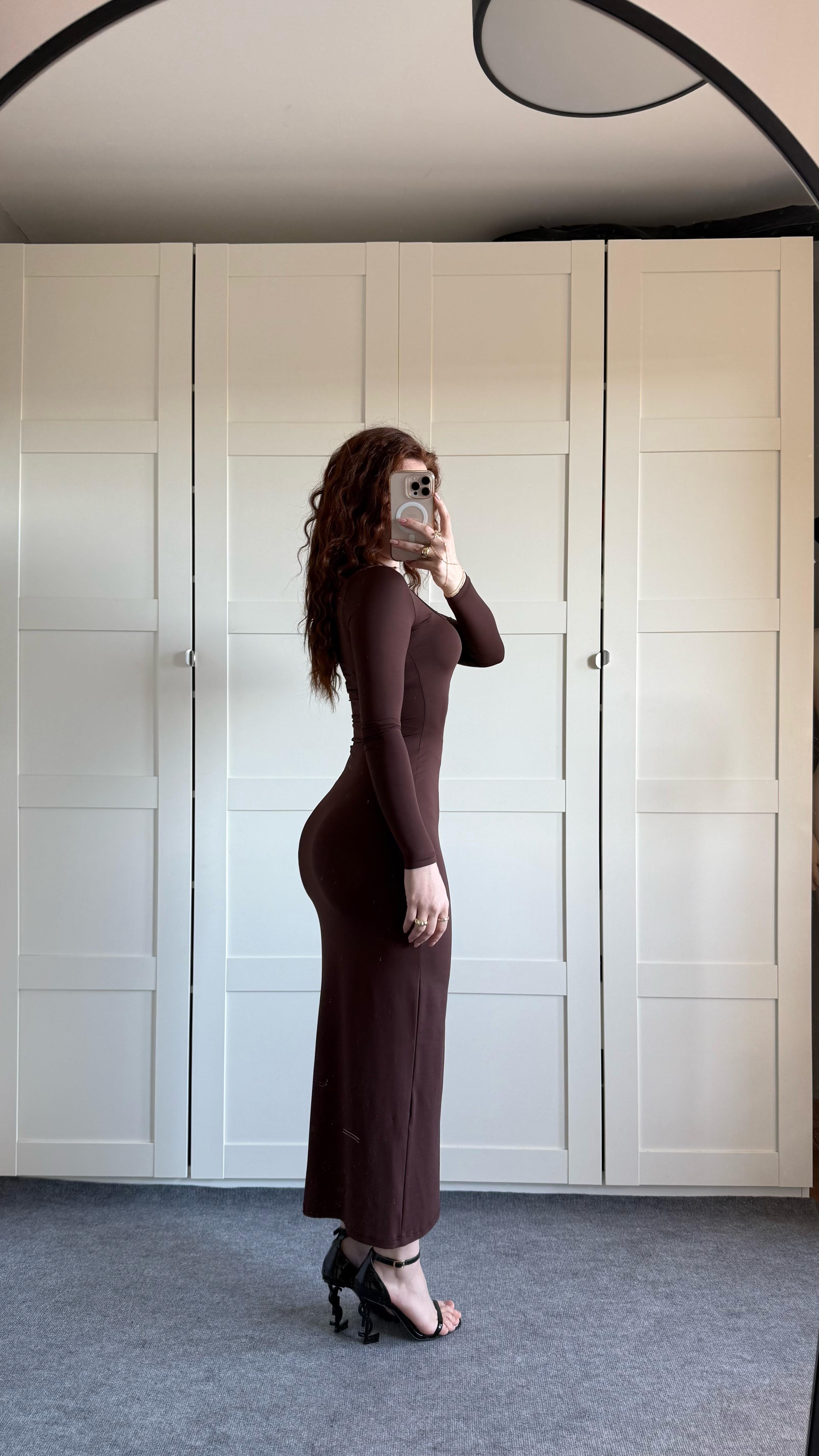 Basıc Kare Yaka Elbise Uzun Kahverengi 