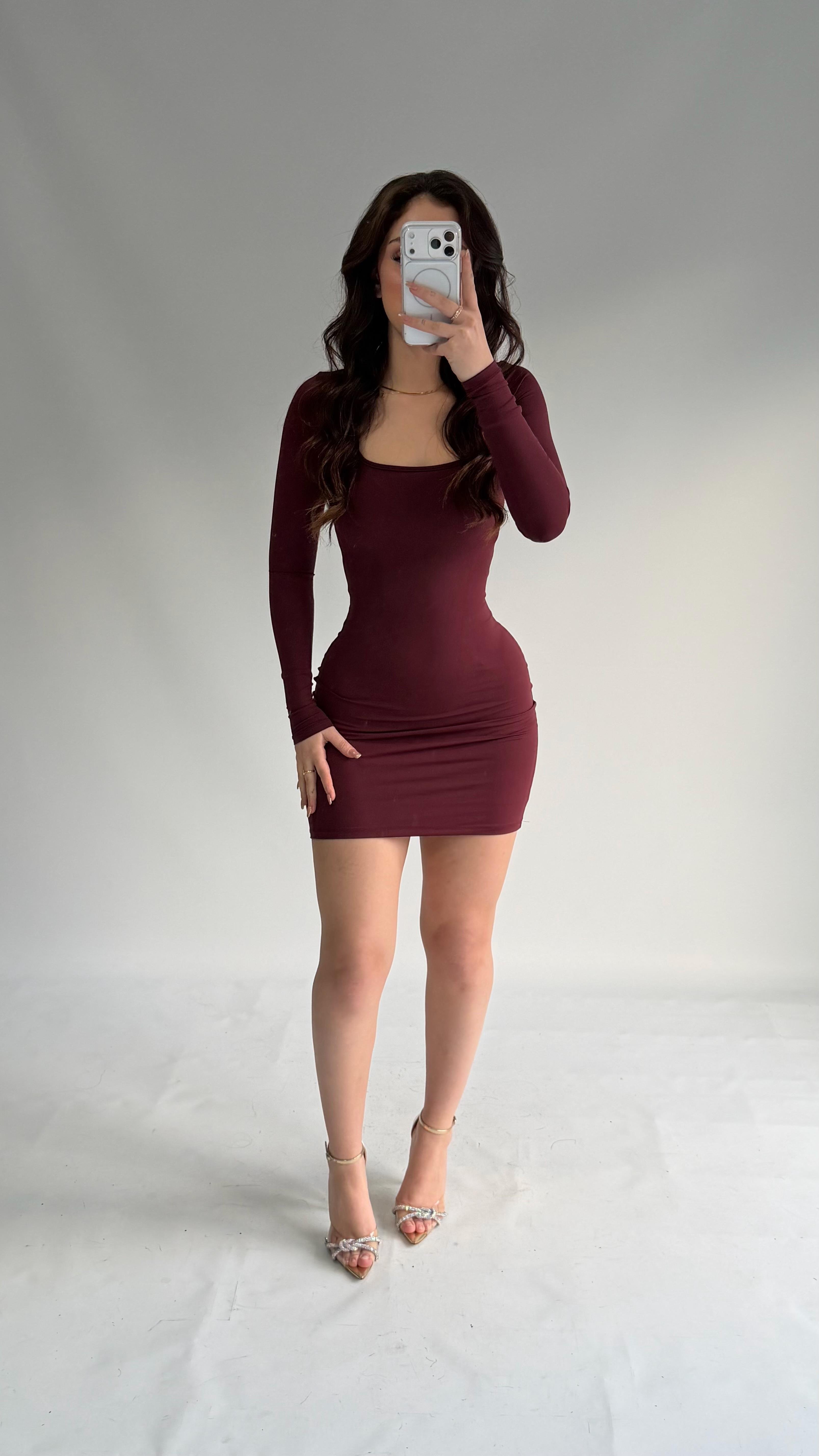 Basic Kare Yaka Mini Elbise Bordo