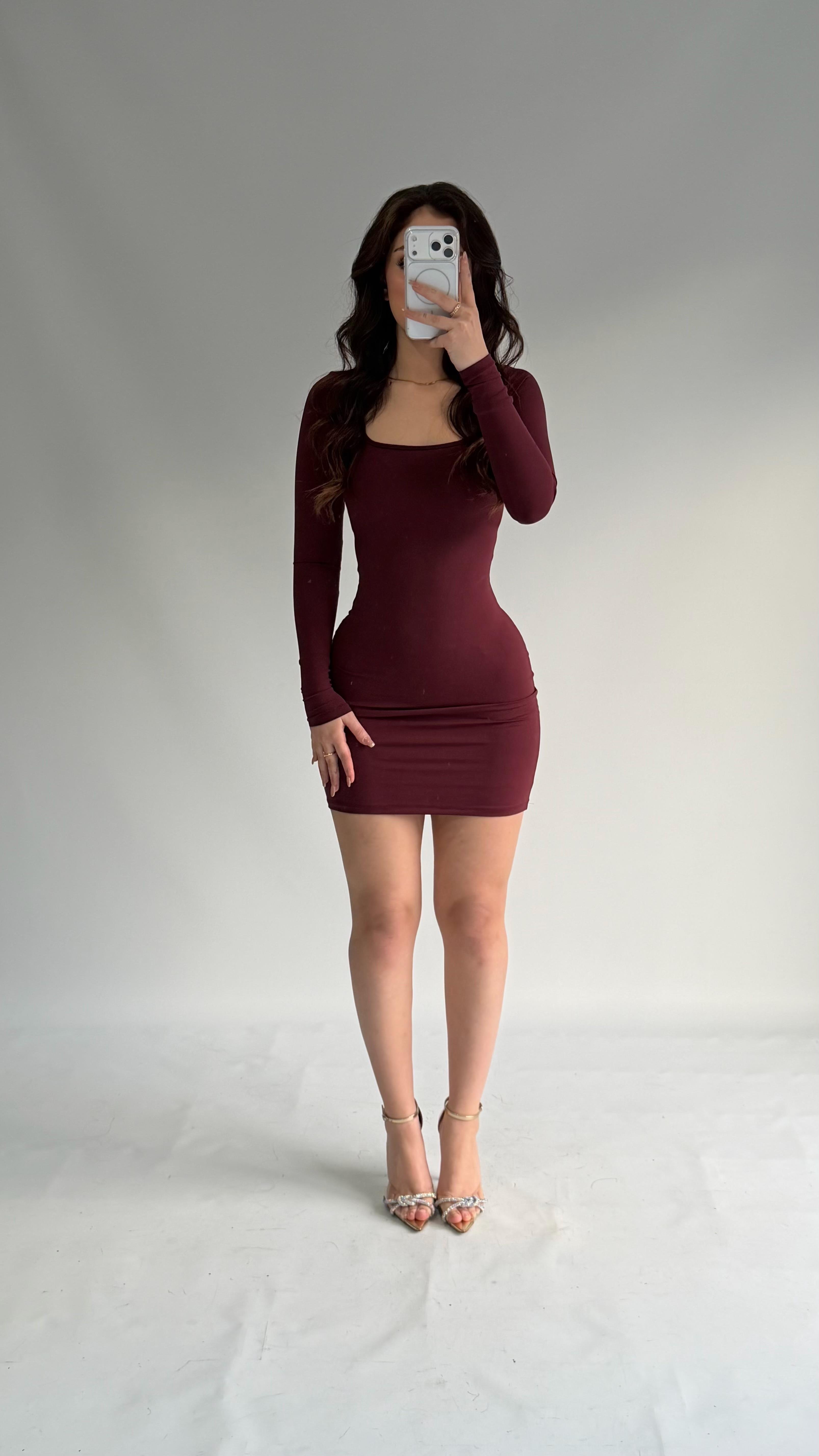 Basic Kare Yaka Mini Elbise Bordo