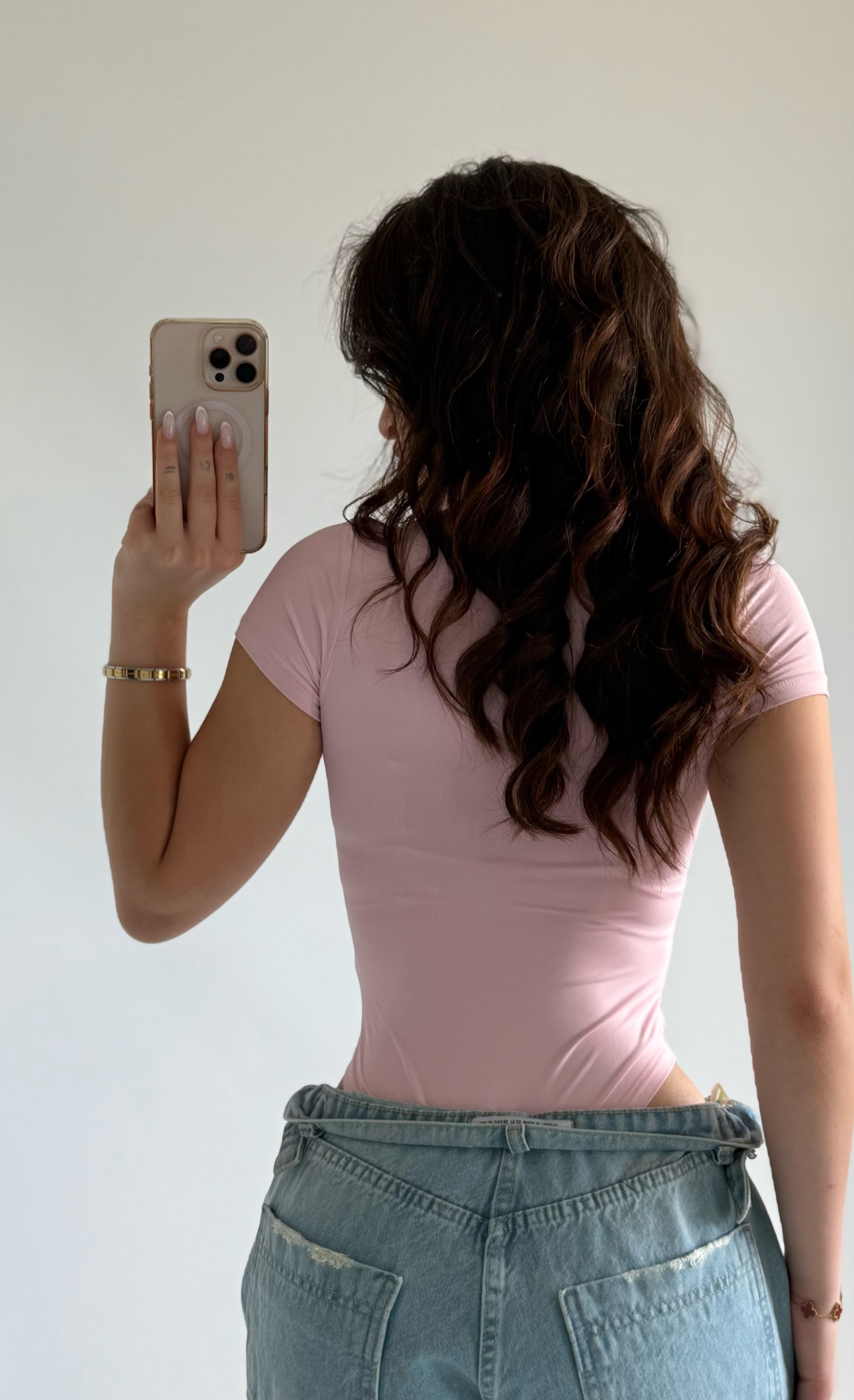 Basıc Kısa Kol Bodysuit Pembe