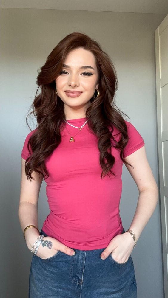 BASIC KISA KOL KOYU PEMBE T-SHIRT